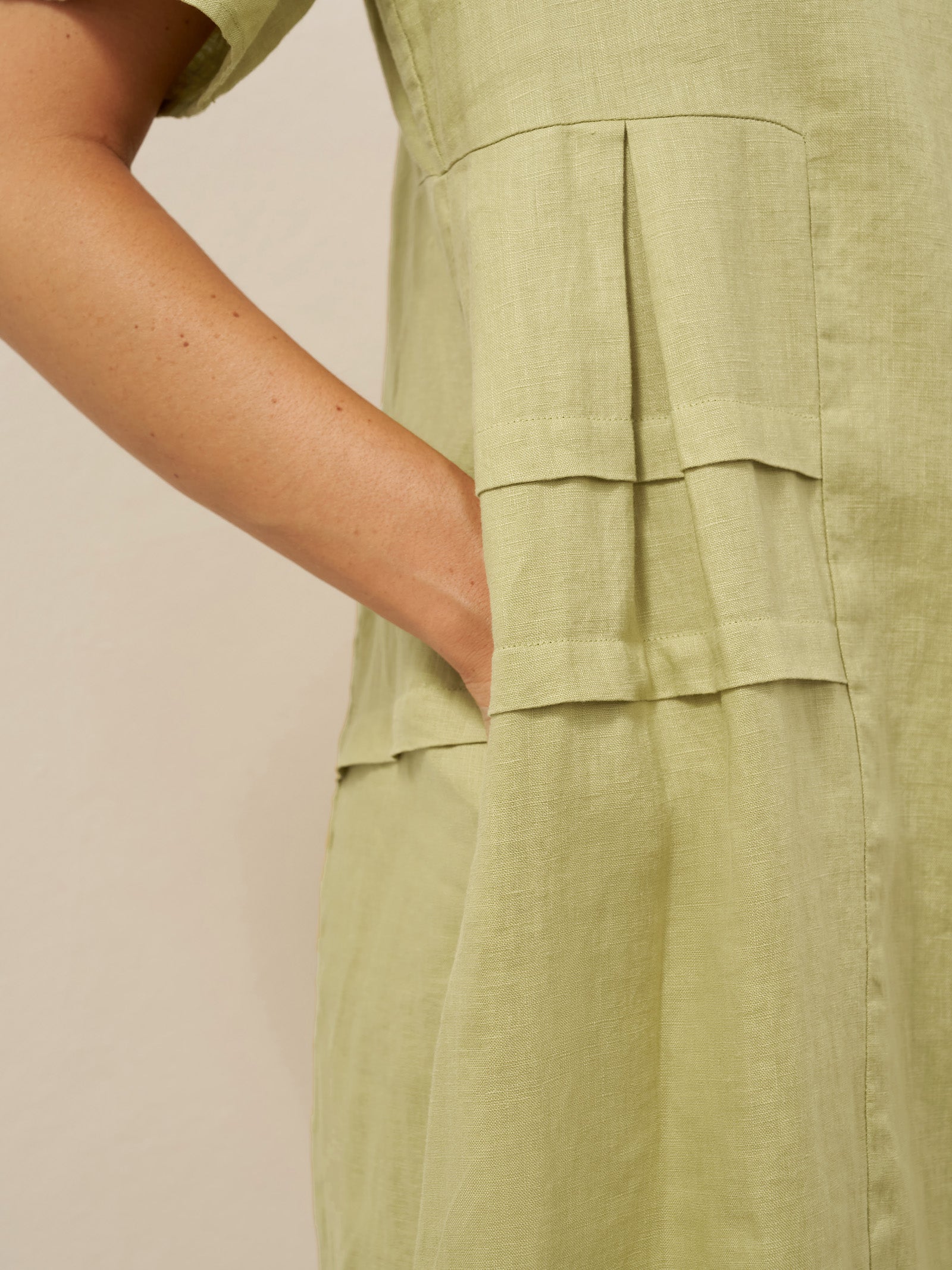 100% Linen Pleated Crew Neck Midi Dress MILA by LINTICO