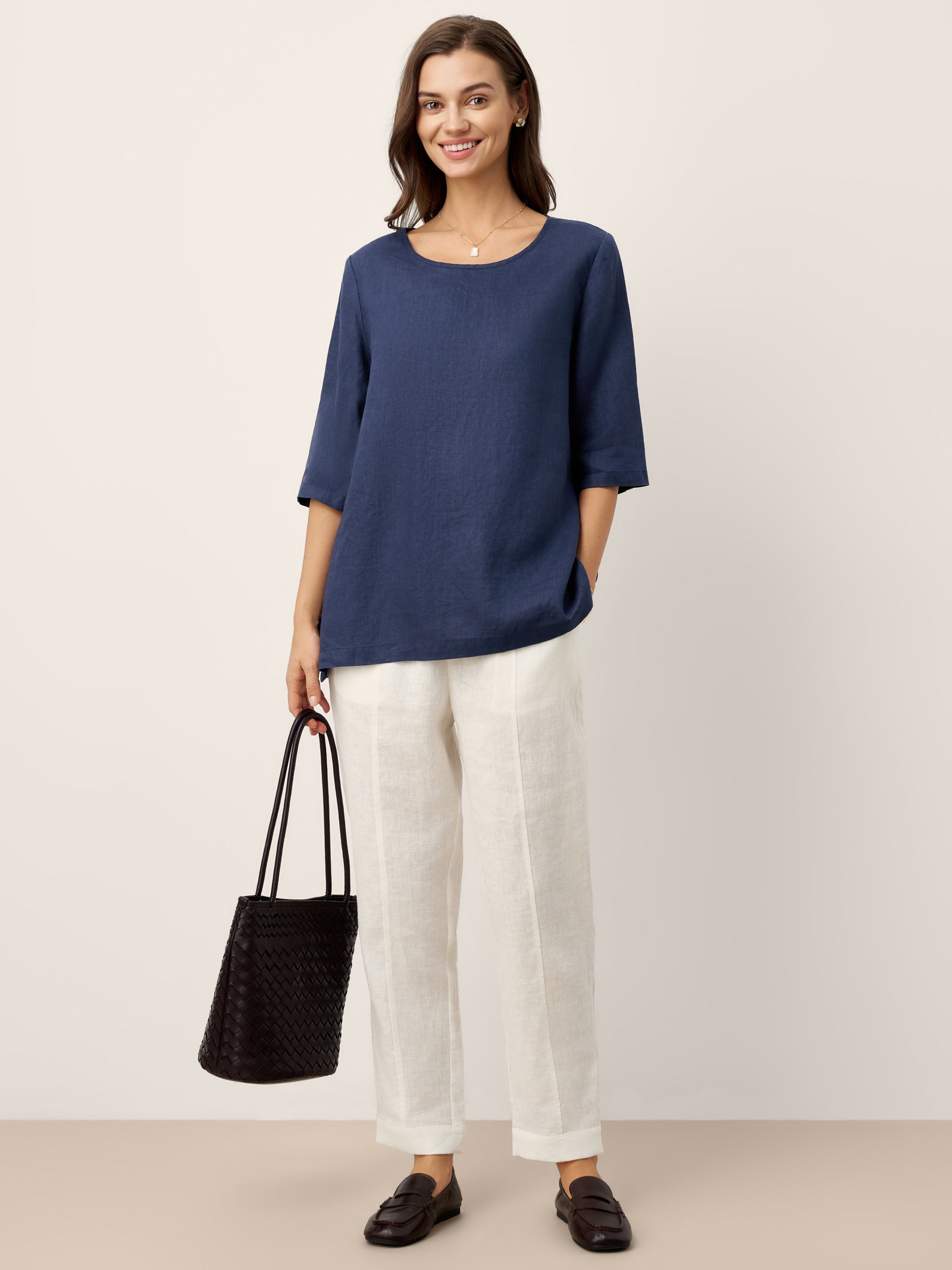100% Linen Relaxed Back Button Top with Tab Sleeves SYLVANA DestGlow