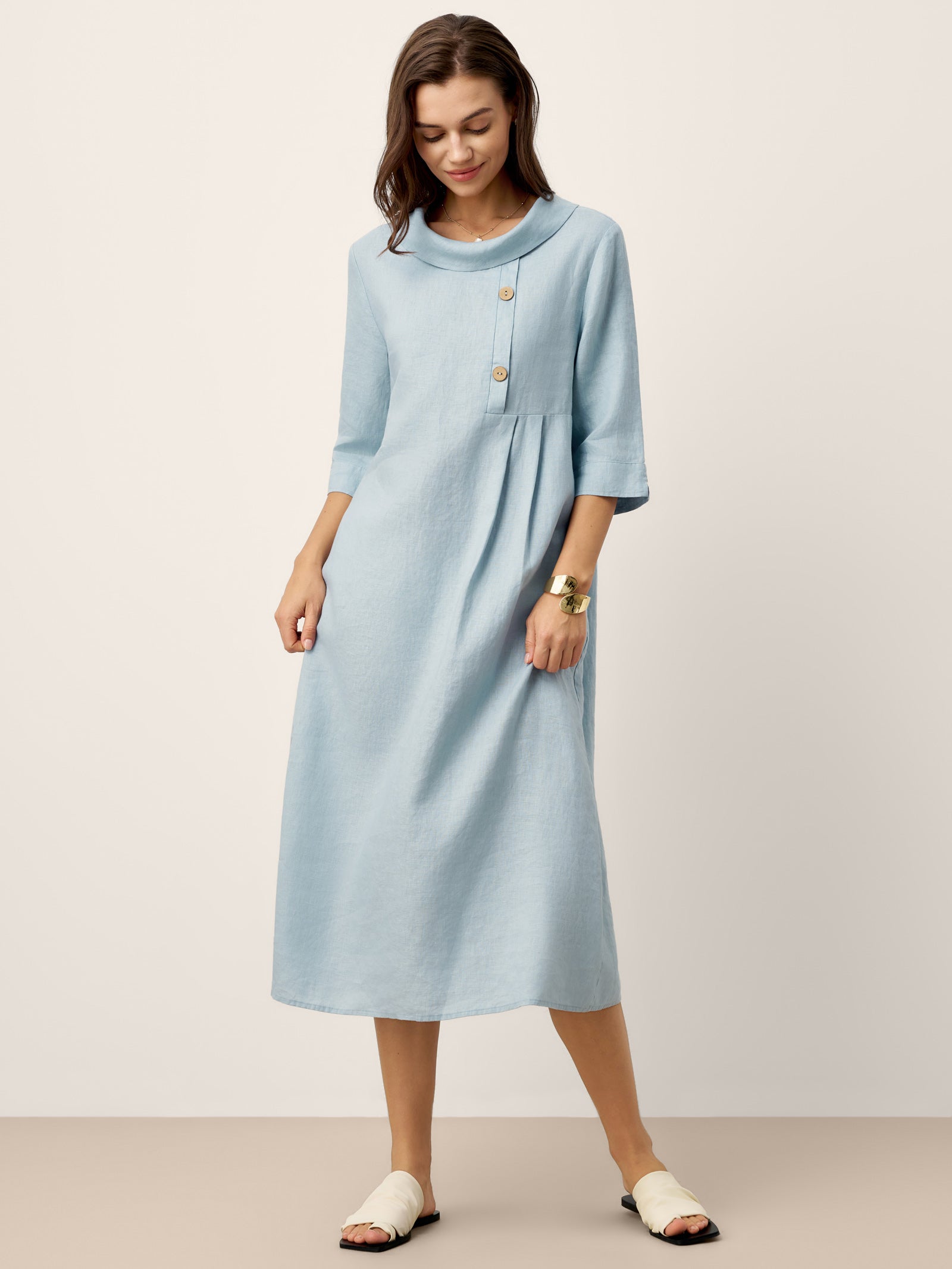 100% Linen Rolled Collar Asymmetric Button Maxi Dress ELARAINE by LINTICO