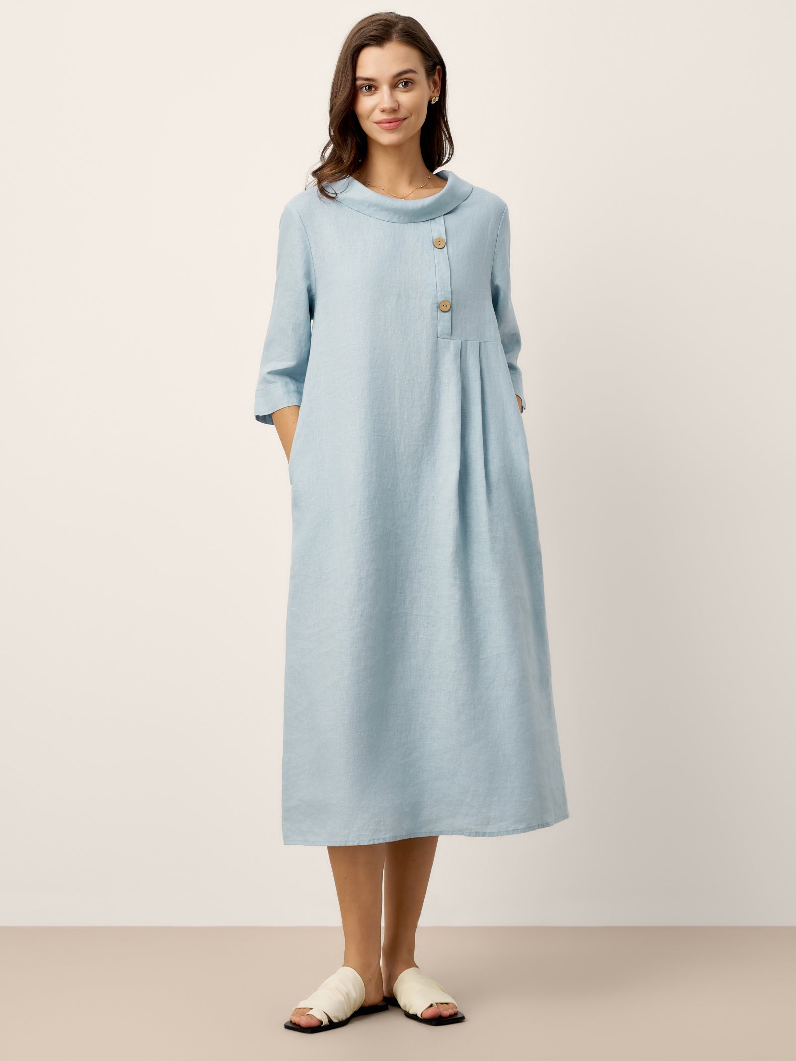 100% Linen Rolled Collar Asymmetric Button Midi Dress ELARAINE