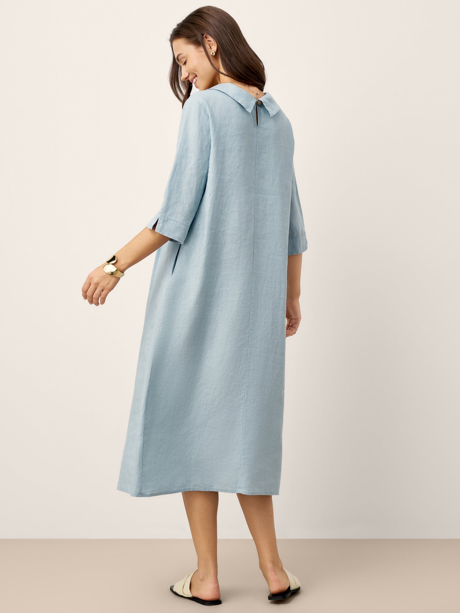 100% Linen Rolled Collar Asymmetric Button Maxi Dress ELARAINE by LINTICO