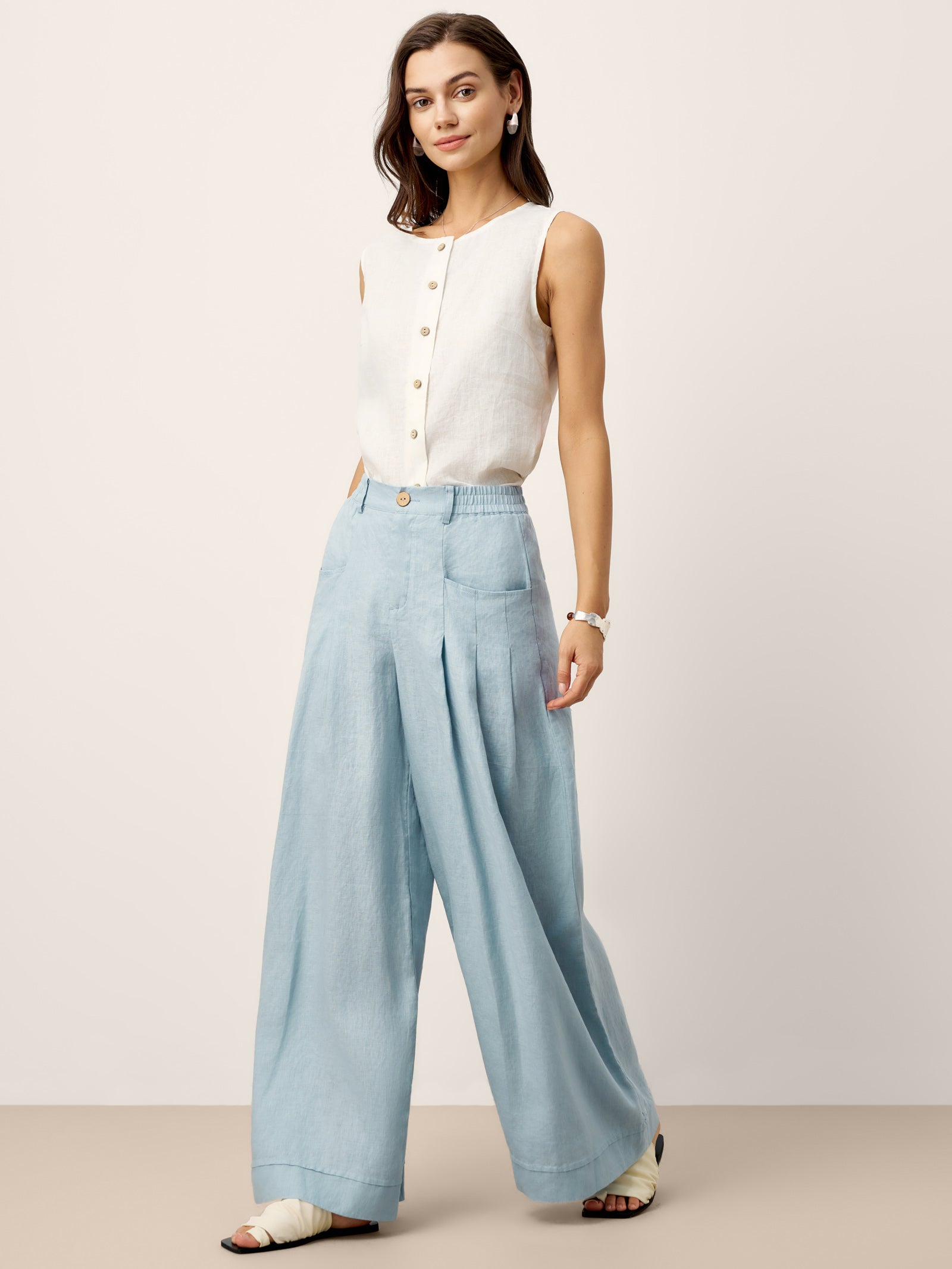 100% Linen Sculpted Pleat Elasticated Back Relaxed Pants VERIDIANA DestGlow