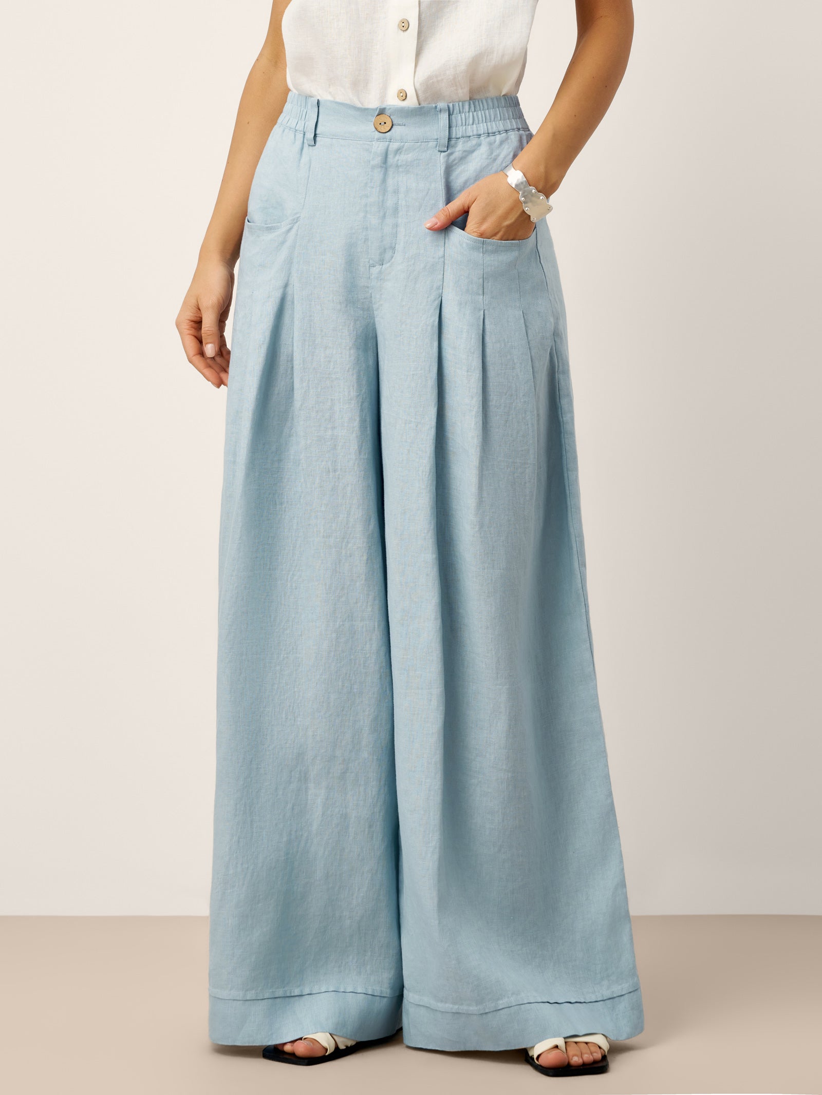 100% Linen Sculpted Pleat Elasticated Back Relaxed Pants VERIDIANA DestGlow