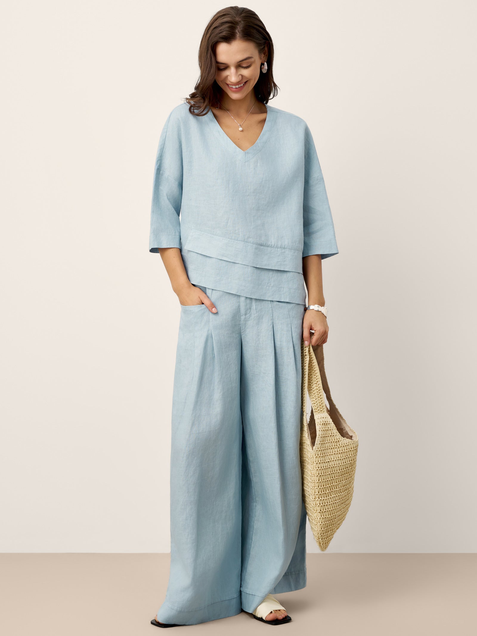 100% Linen Sculpted Pleat Elasticated Back Relaxed Pants VERIDIANA DestGlow