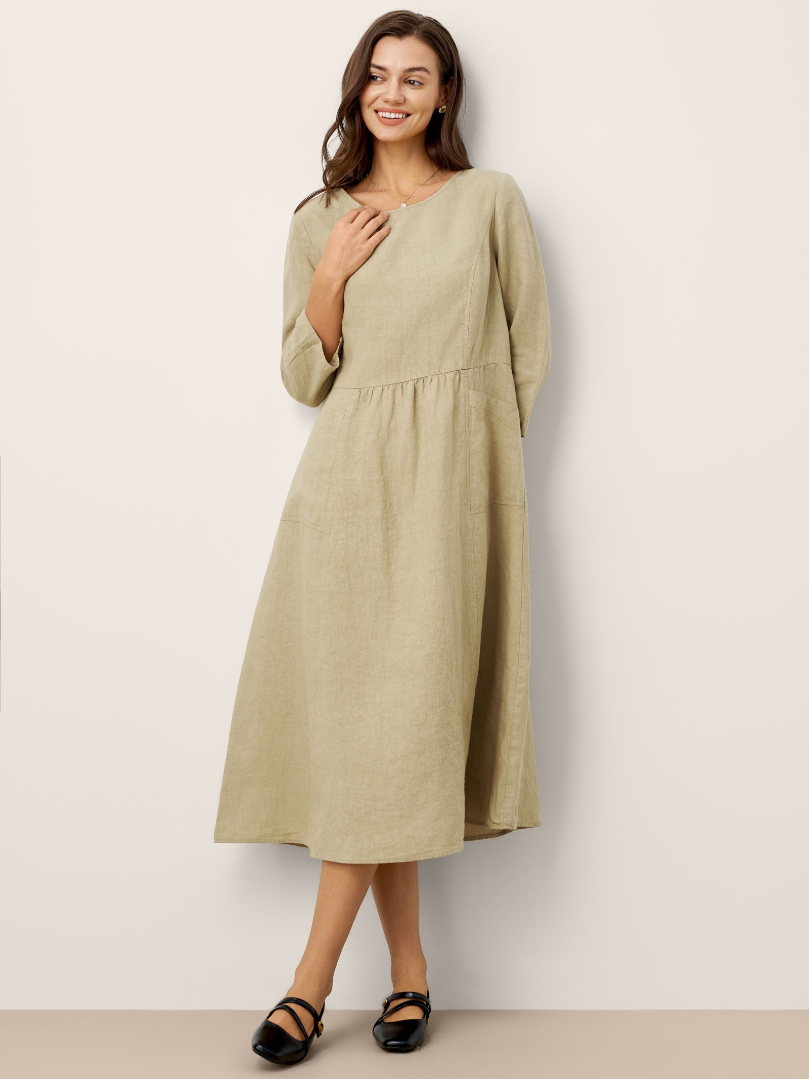 100% Linen Shirred Waistline Patch Pocket Maxi Dress MARCELLA by LINTICO