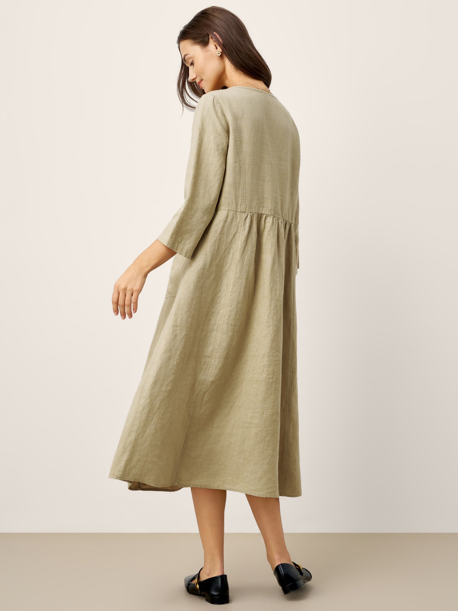 100% Linen Shirred Waistline Patch Pocket Maxi Dress MARCELLA by LINTICO