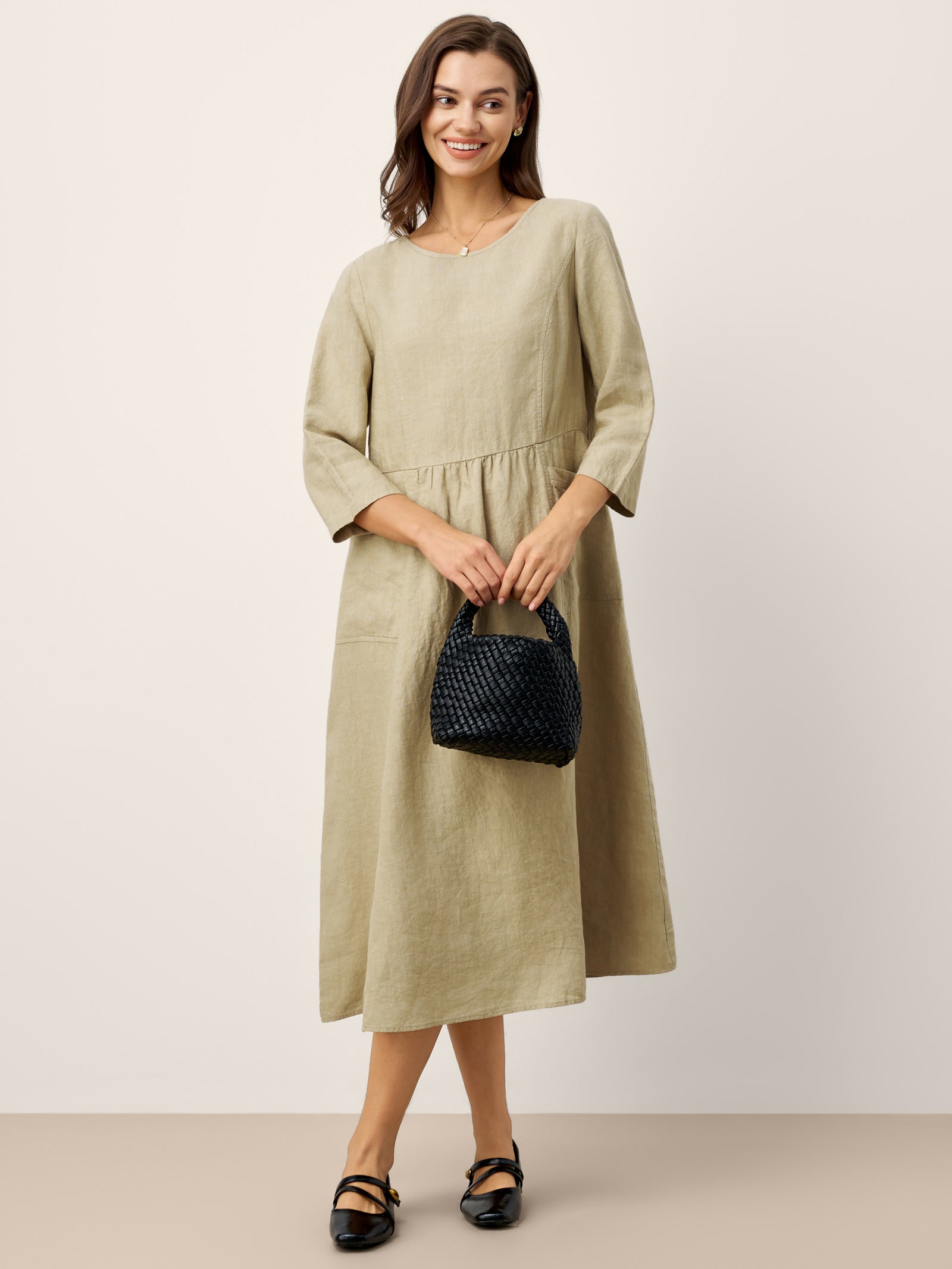 100% Linen Shirred Waistline Patch Pocket Maxi Dress MARCELLA by LINTICO