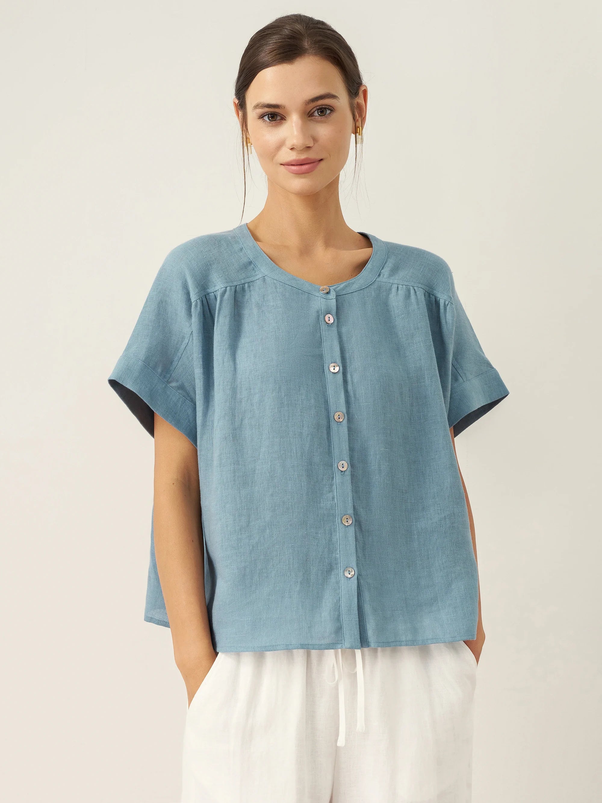 100% Linen Short Sleeve Crew Neck Shirt FINA by LINTICO