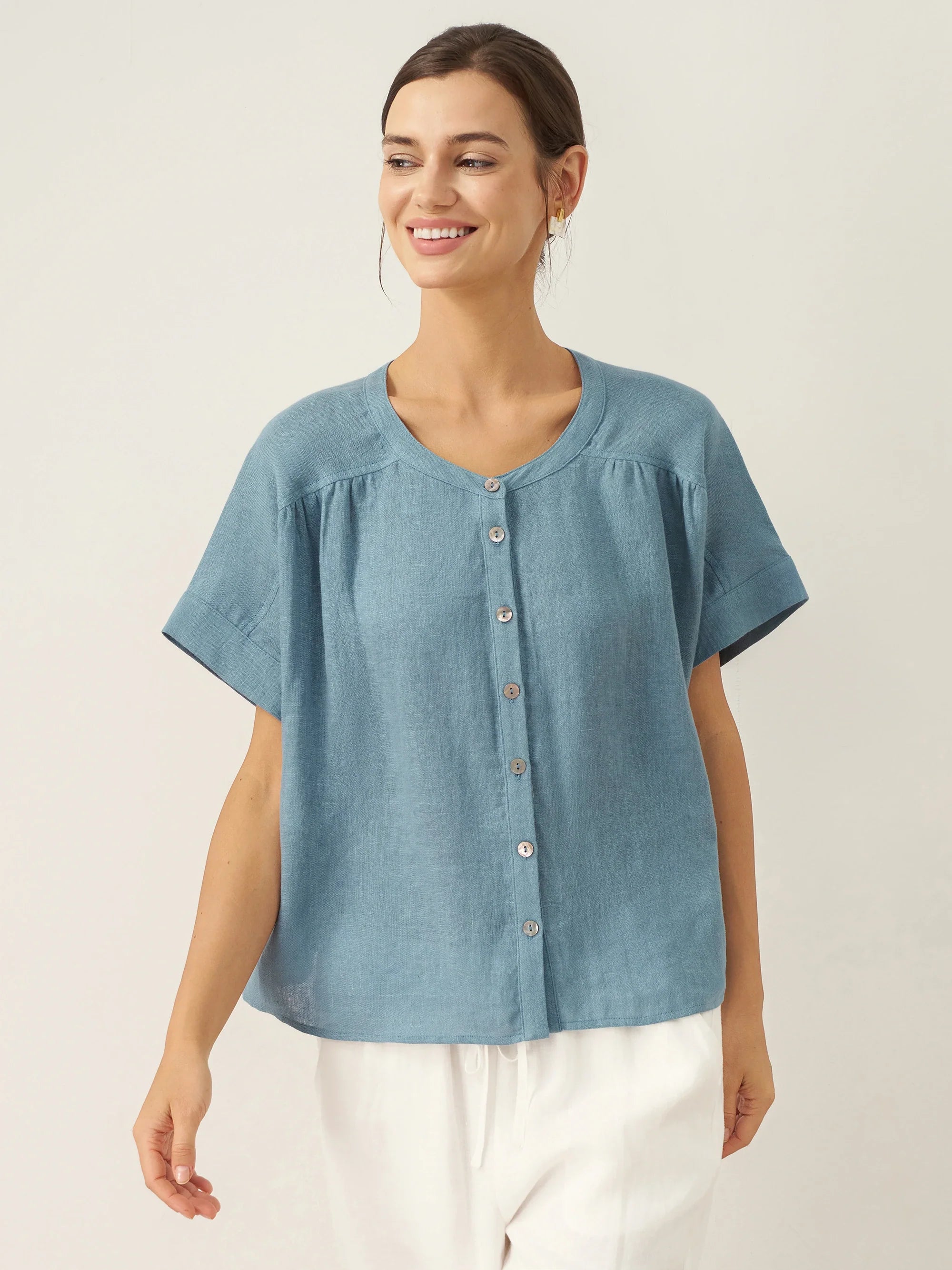 100% Linen Short Sleeve Crew Neck Shirt FINA by LINTICO