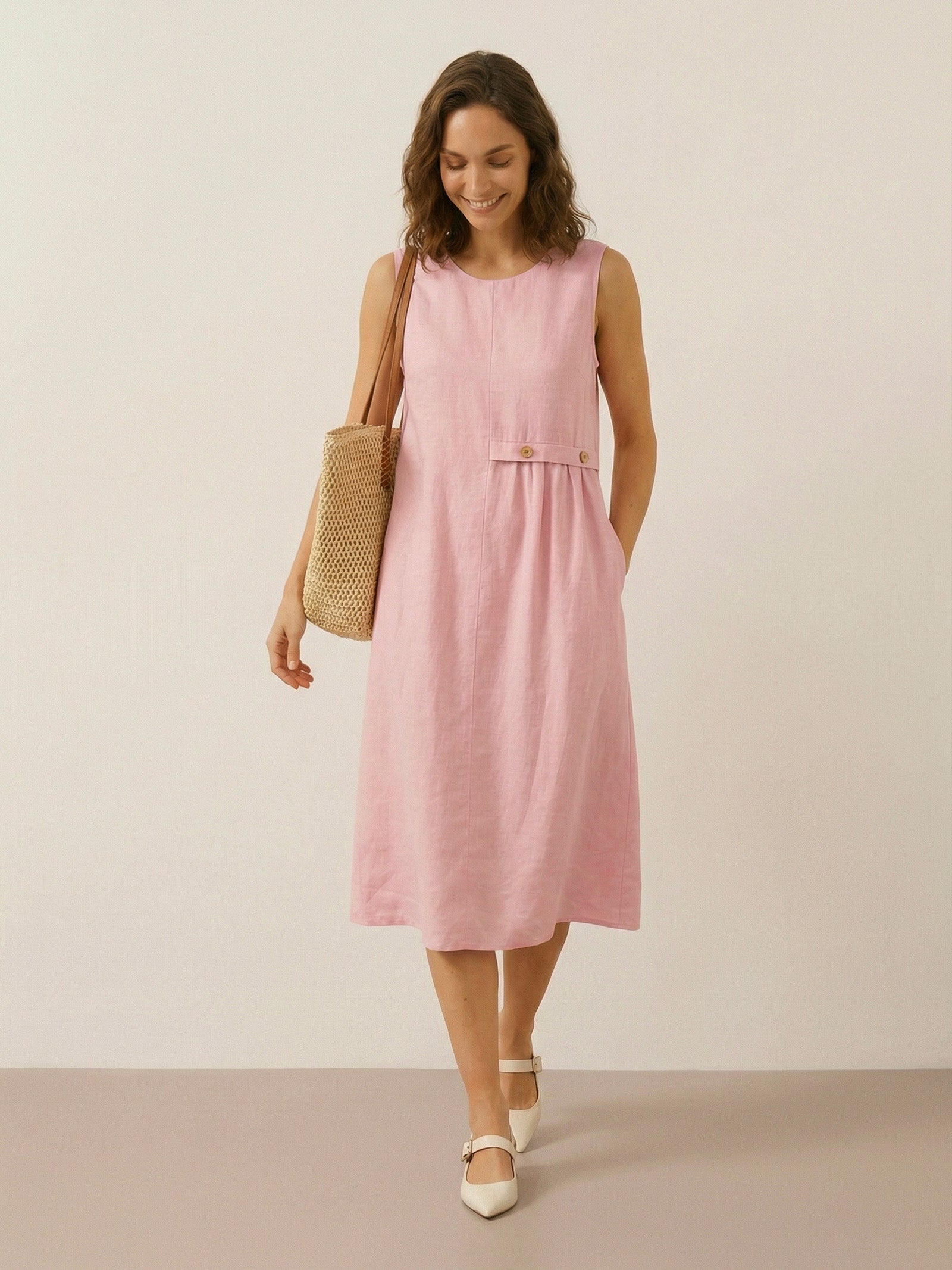 100% Linen Sleeveless Accordion Pleat Midi Dress TINA by LINTICO