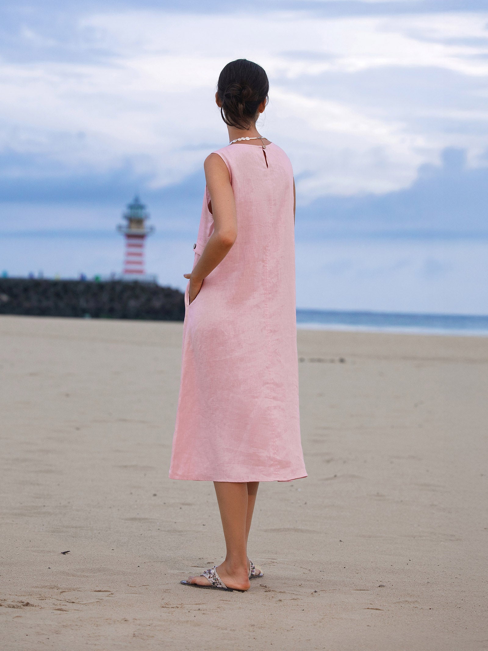 100% Linen Sleeveless Accordion Pleat Midi Dress TINA by LINTICO