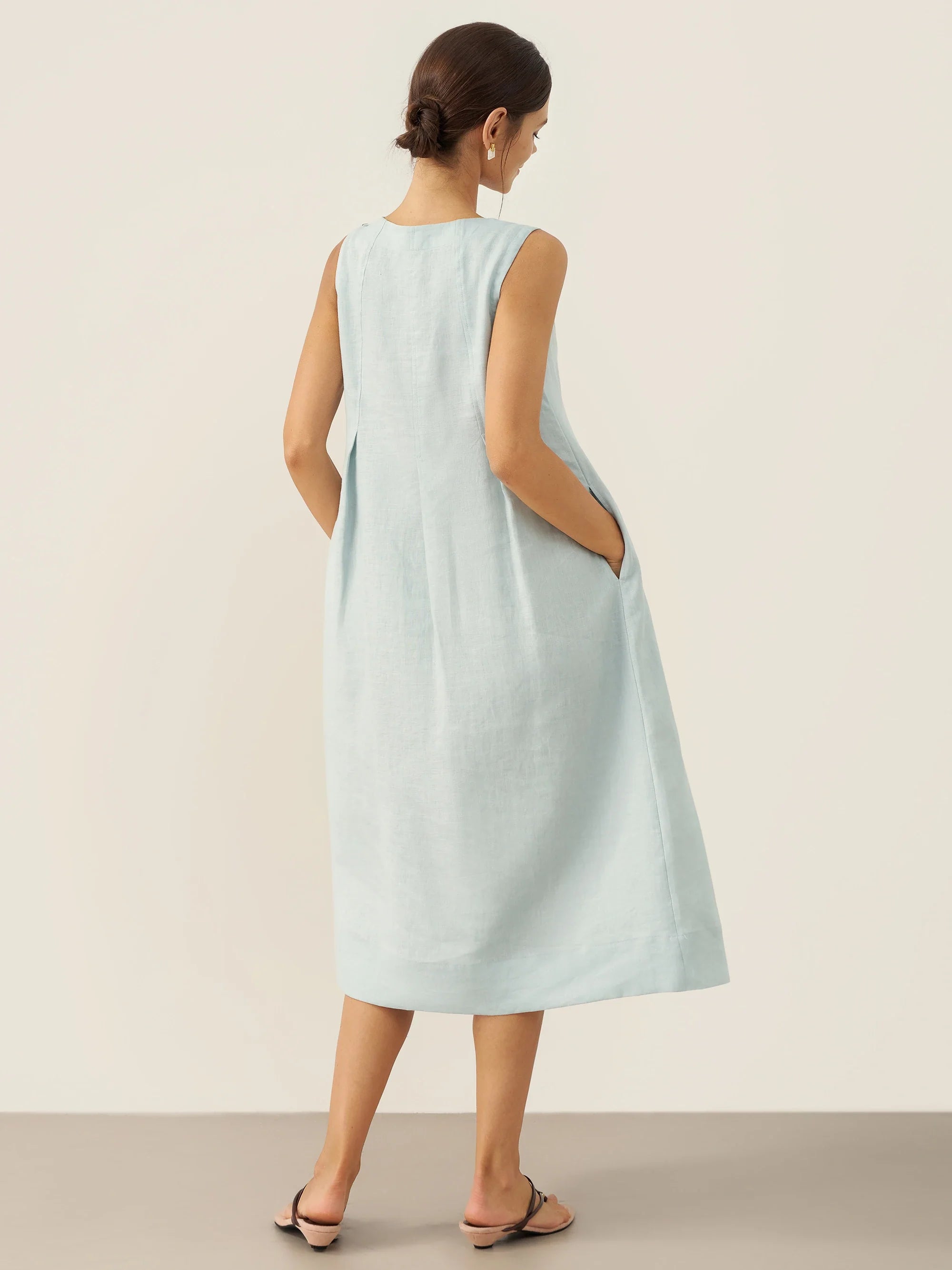 100% Linen Sleeveless Shoulder Button Midi Dress FREYA by LINTICO