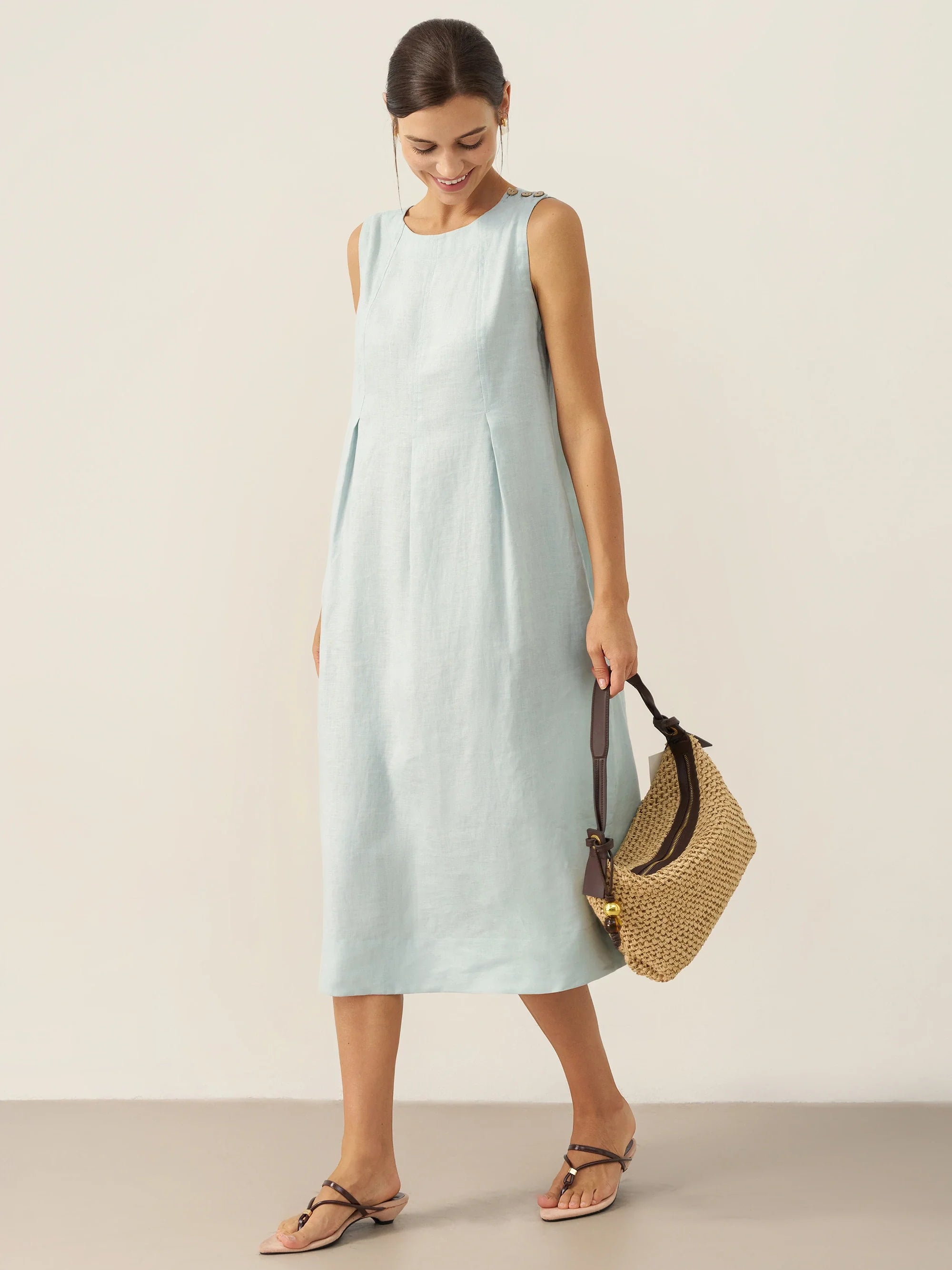 100% Linen Sleeveless Shoulder Button Midi Dress FREYA by LINTICO