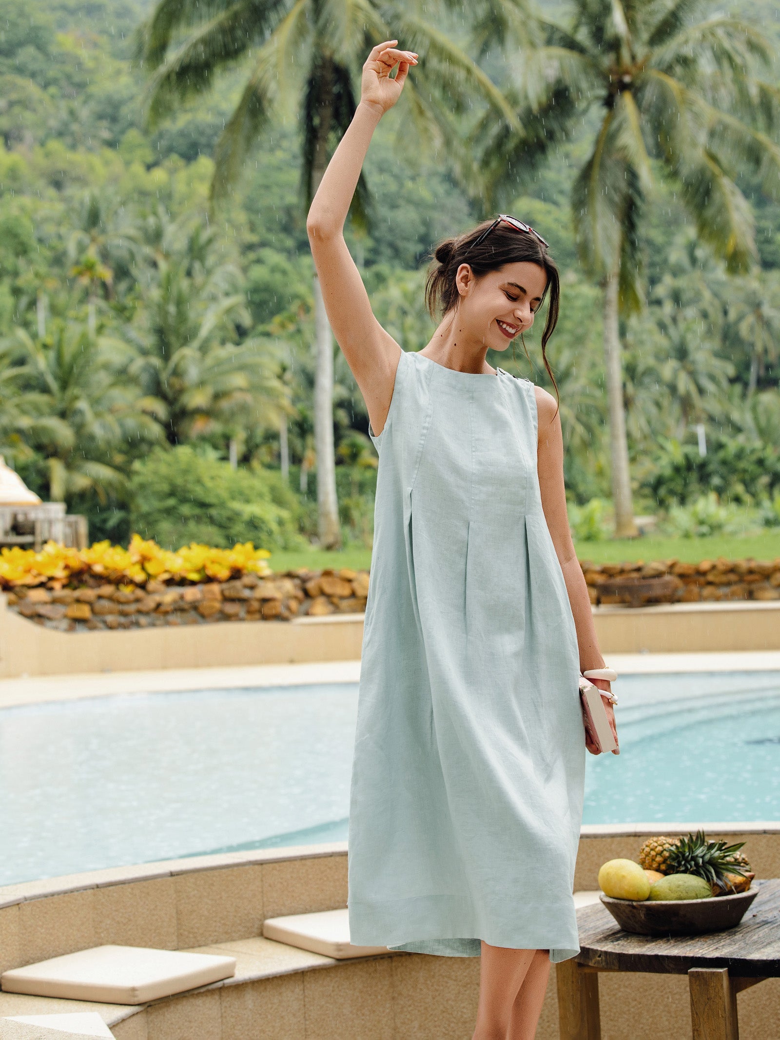 100% Linen Sleeveless Shoulder Button Midi Dress FREYA by LINTICO