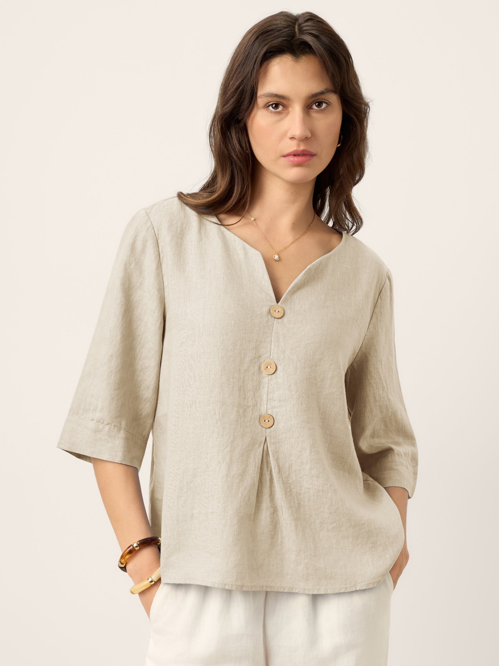 100% Linen Split Neck Inverted Pleat Top TABITHA by LINTICO