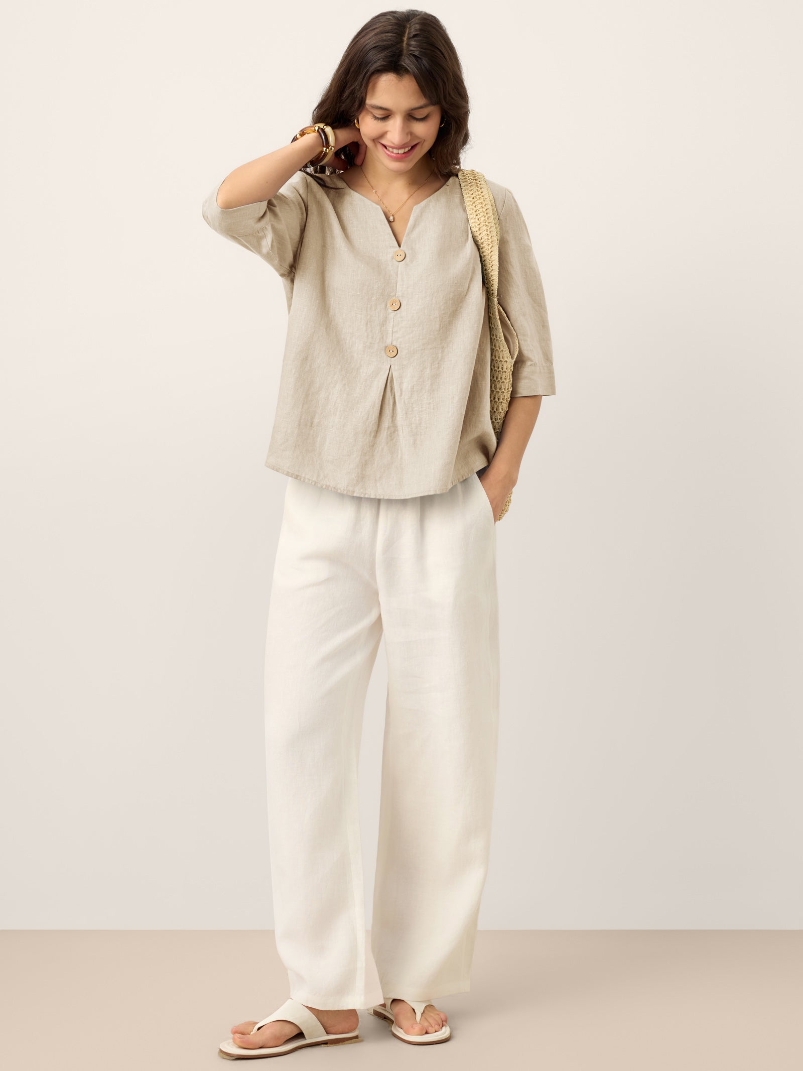 100% Linen Split Neck Inverted Pleat Top TABITHA