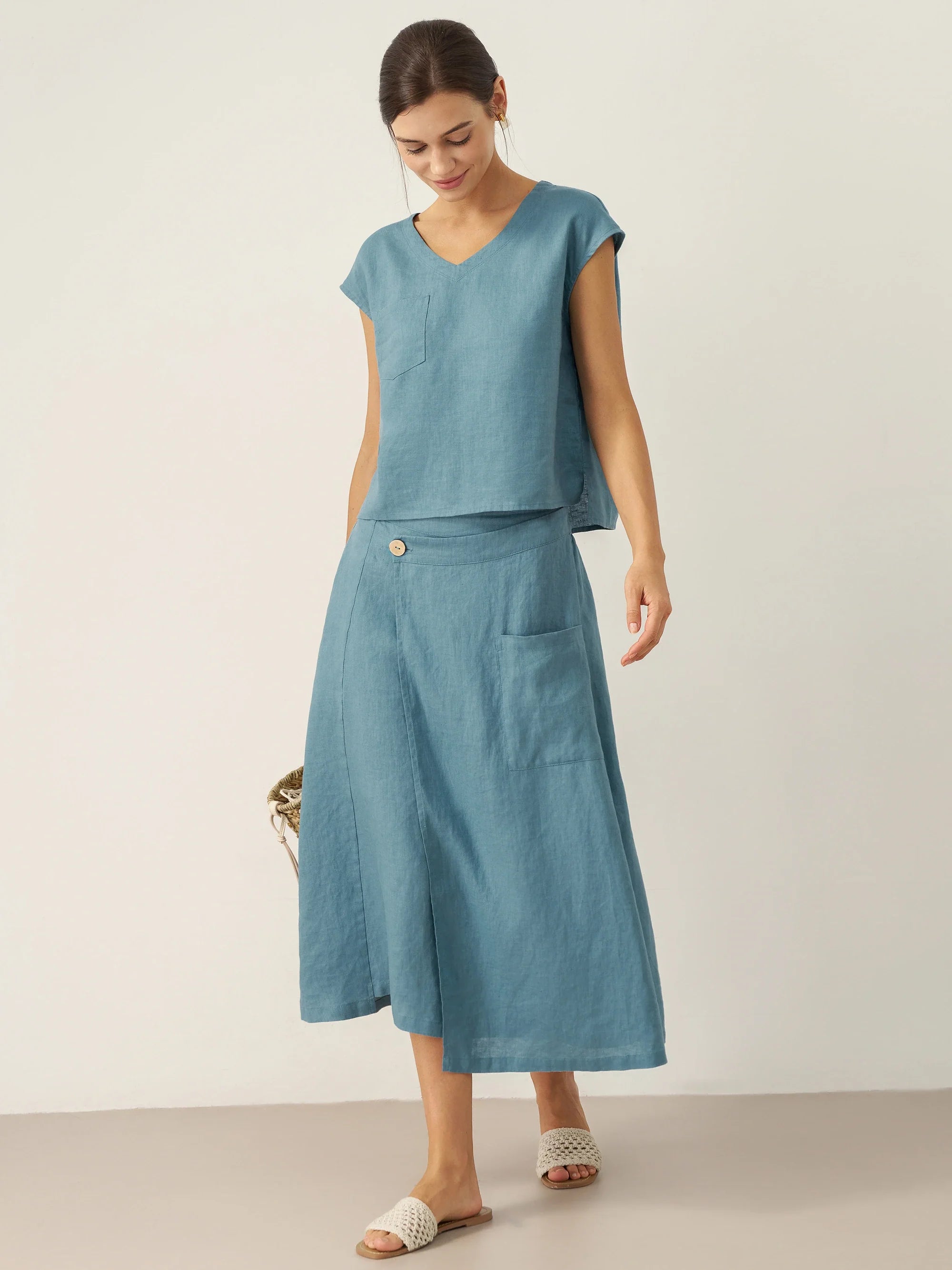 100% Linen V-Neck Cap Sleeve Crop Top FRESSA