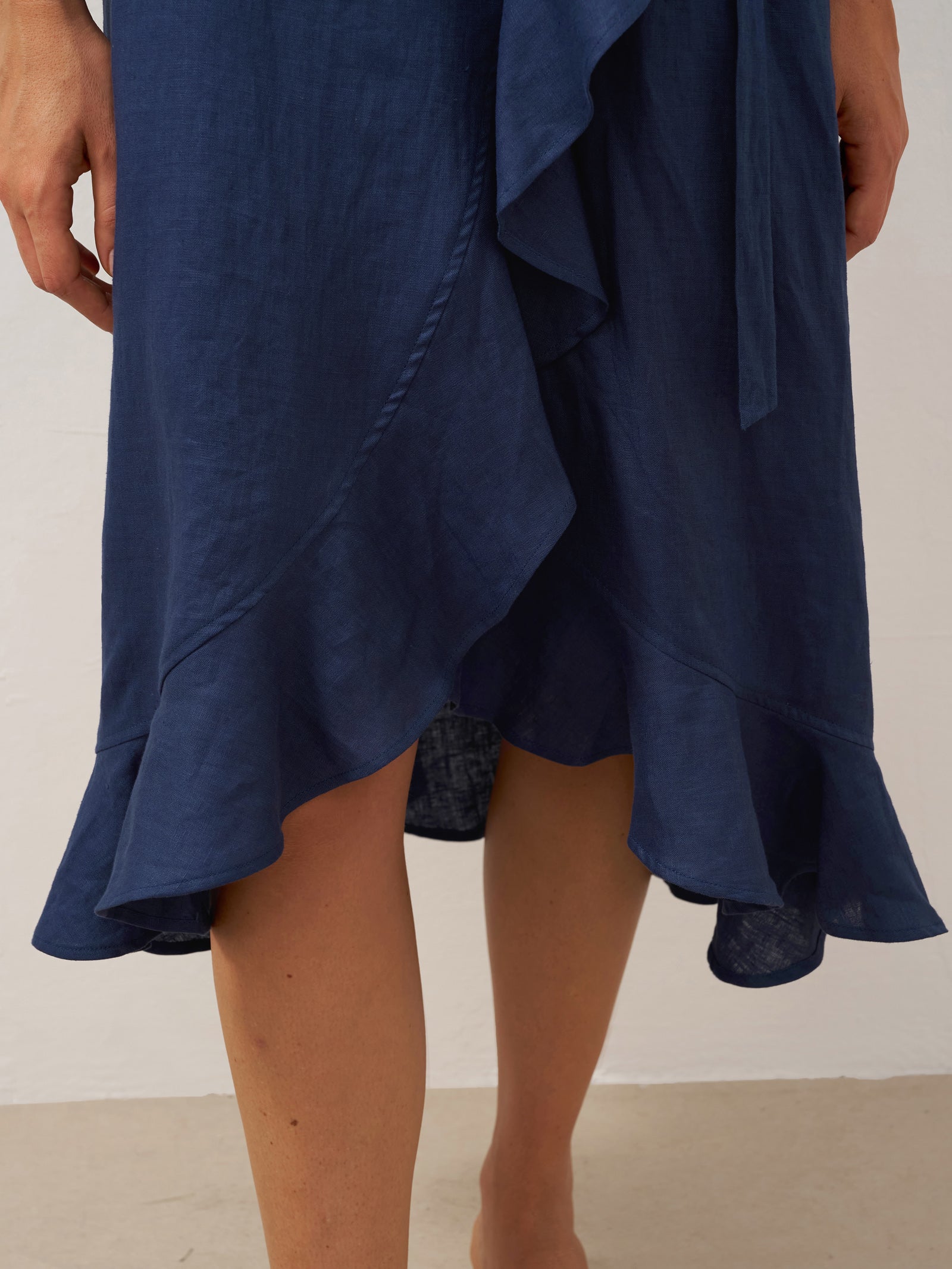 100% Linen V-Neck One-Piece Ruffle Hem Midi Dress MAYA by LINTICO