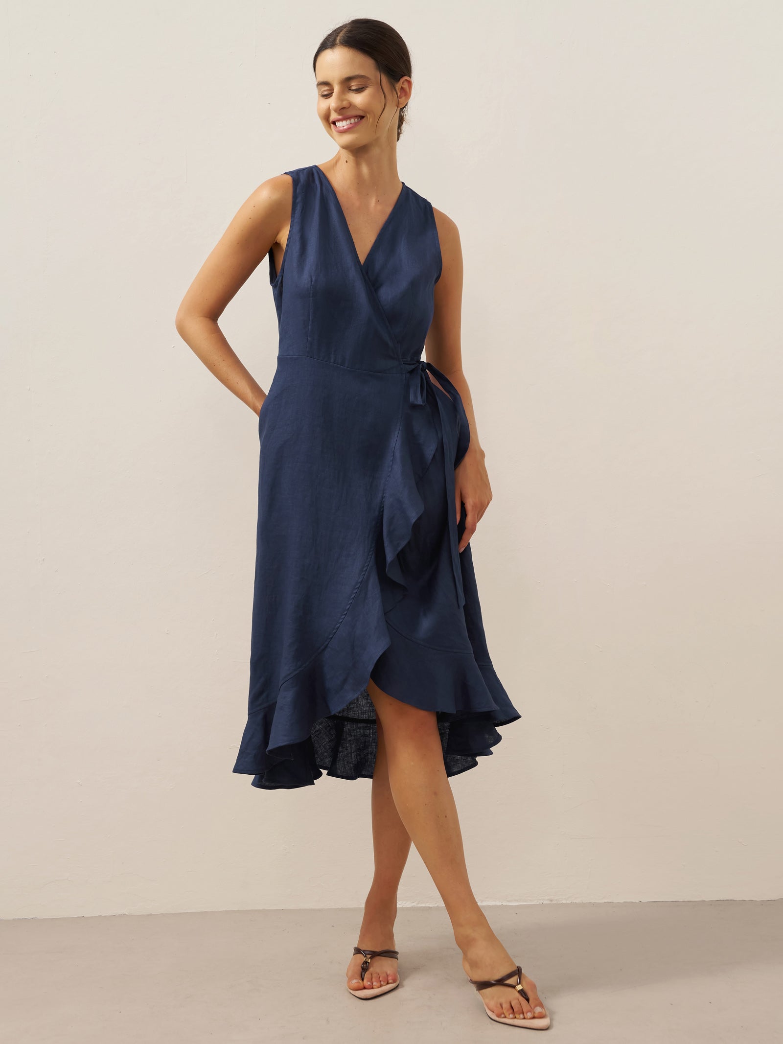 100% Linen V-Neck One-Piece Ruffle Hem Midi Dress MAYA by LINTICO