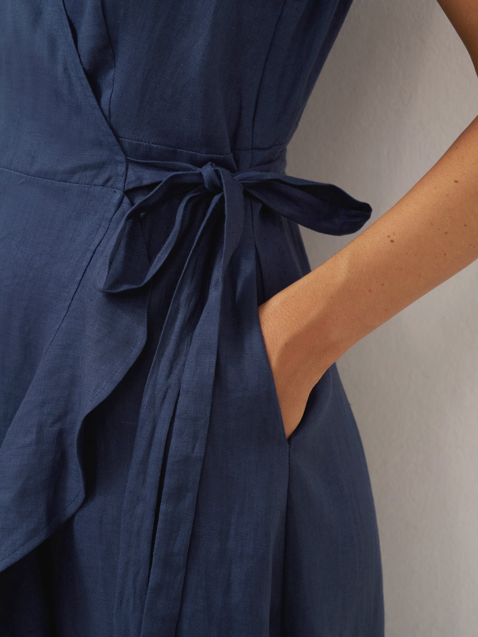 100% Linen V-Neck One-Piece Ruffle Hem Midi Dress MAYA by LINTICO