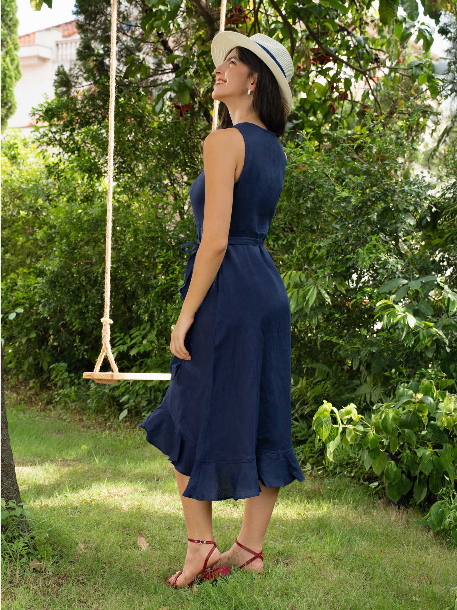 100% Linen V-Neck One-Piece Ruffle Hem Midi Dress MAYA by LINTICO