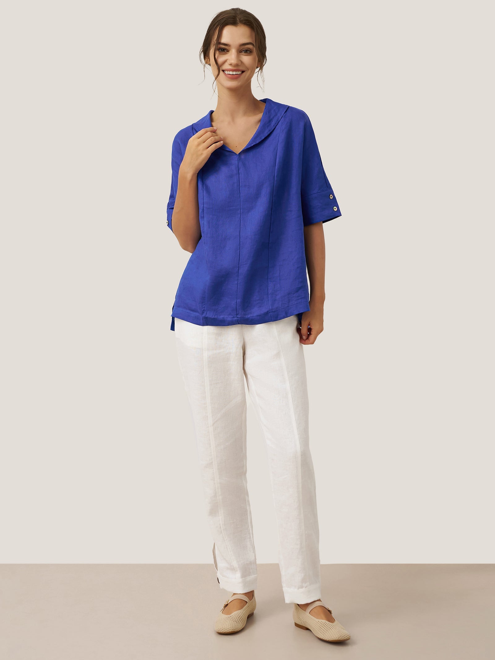 Linen V-Neck Short-Sleeve Shirt SIERRA DestGlow