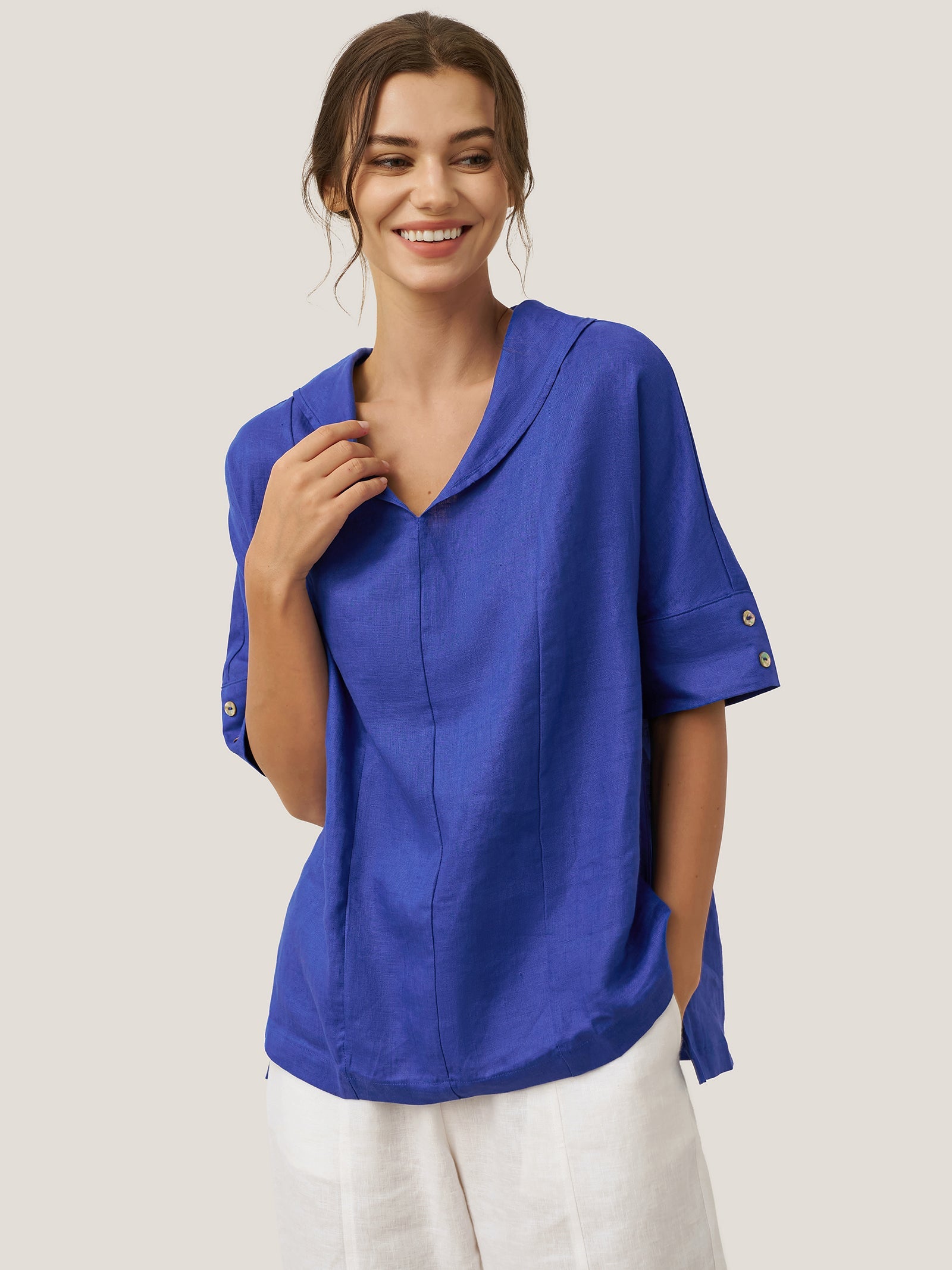 Linen V-Neck Short-Sleeve Shirt SIERRA DestGlow
