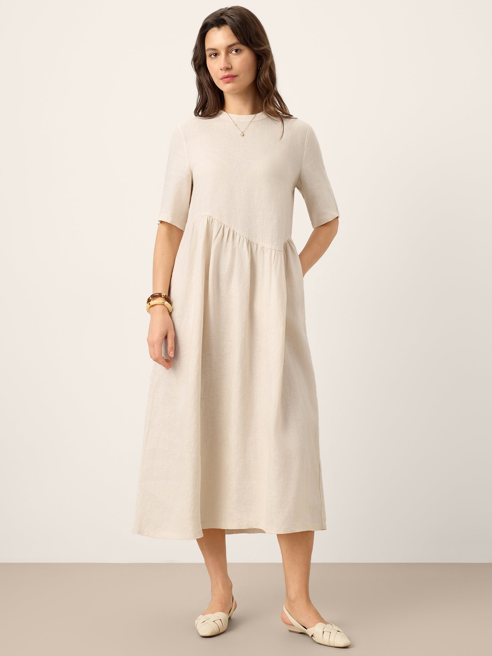 100% Linen Arch-Seam Fluid Midi Dress EUDORA by LINTICO