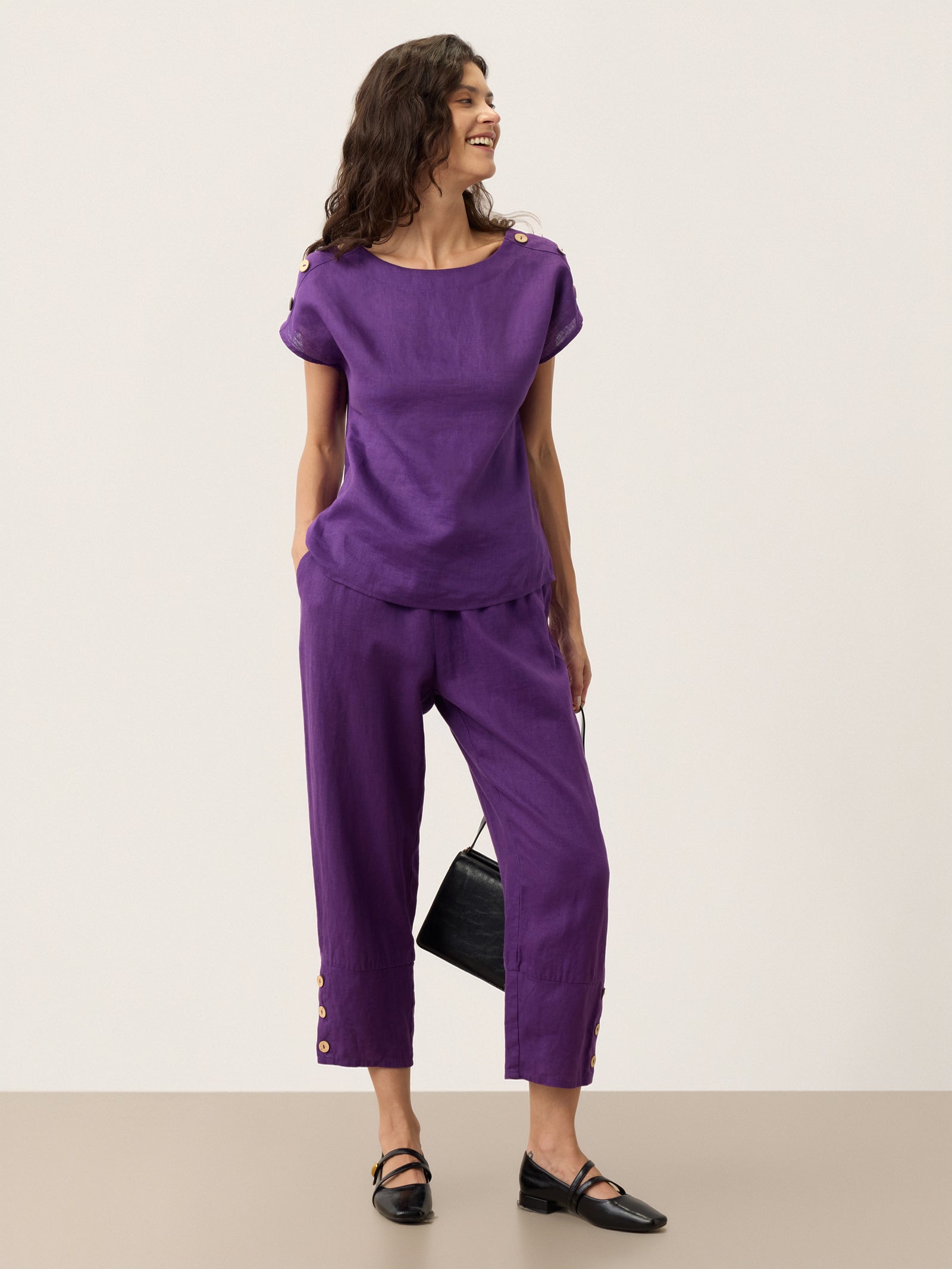 100% Linen Artisan Button Tapered Pants KATHERINE by LINTICO