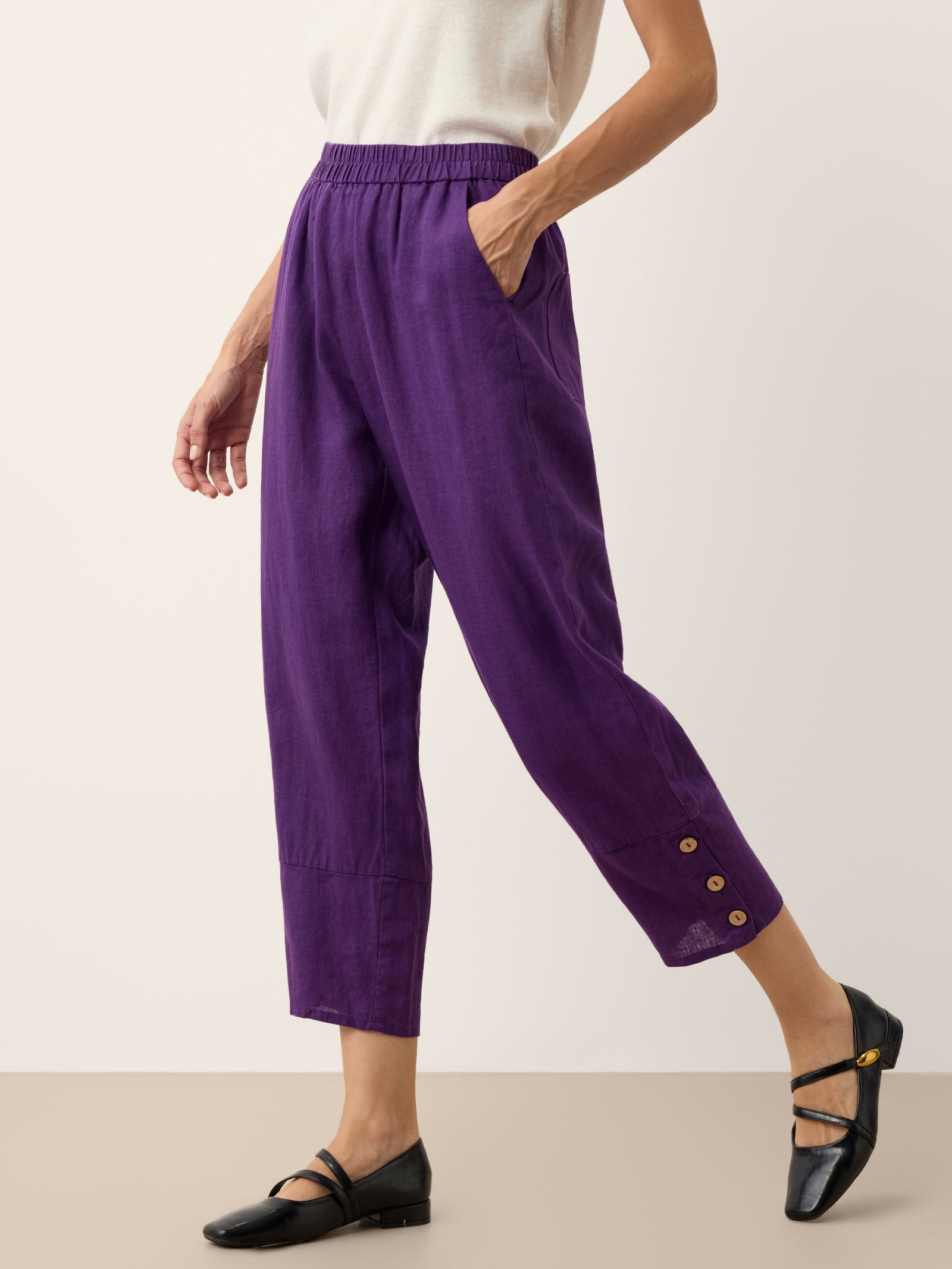 100% Linen Artisan Button Tapered Pants KATHERINE by LINTICO