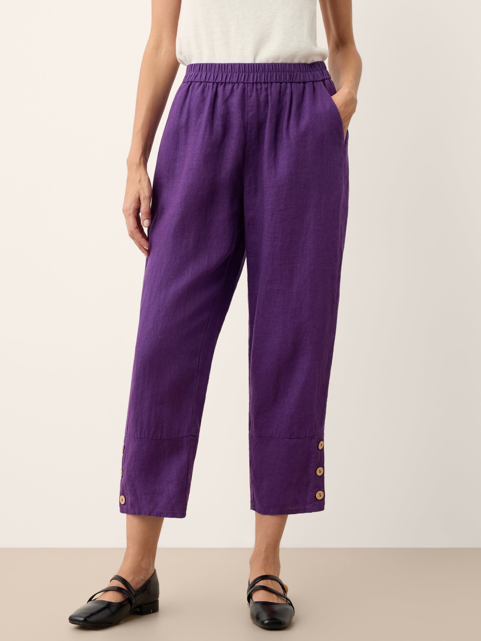 100% Linen Artisan Button Tapered Pants KATHERINE by LINTICO