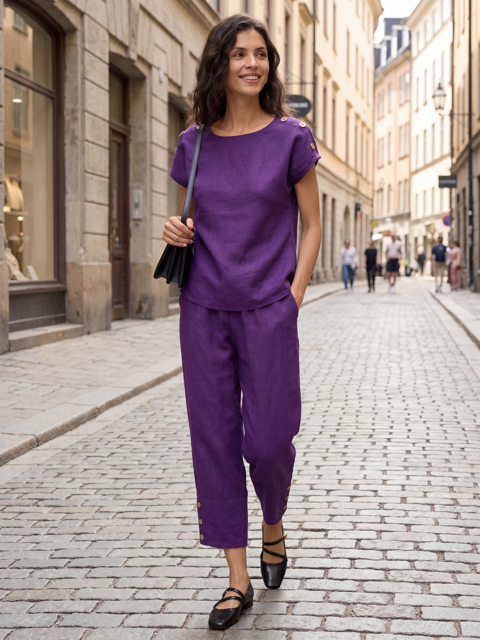 100% Linen Artisan Button Tapered Pants KATHERINE by LINTICO