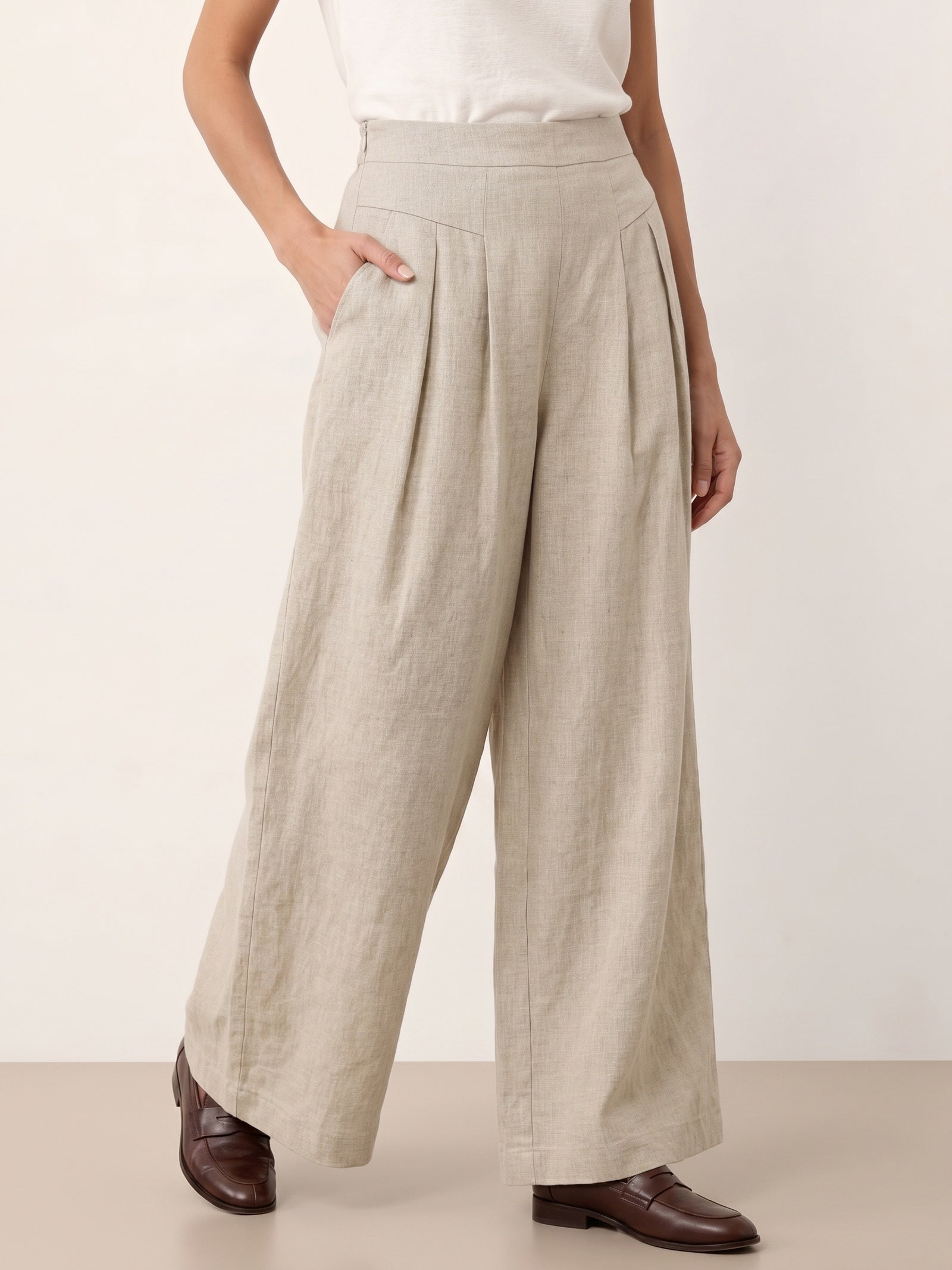 100% Linen Pleated Waist Wide Leg Pants LOUISA DestGlow