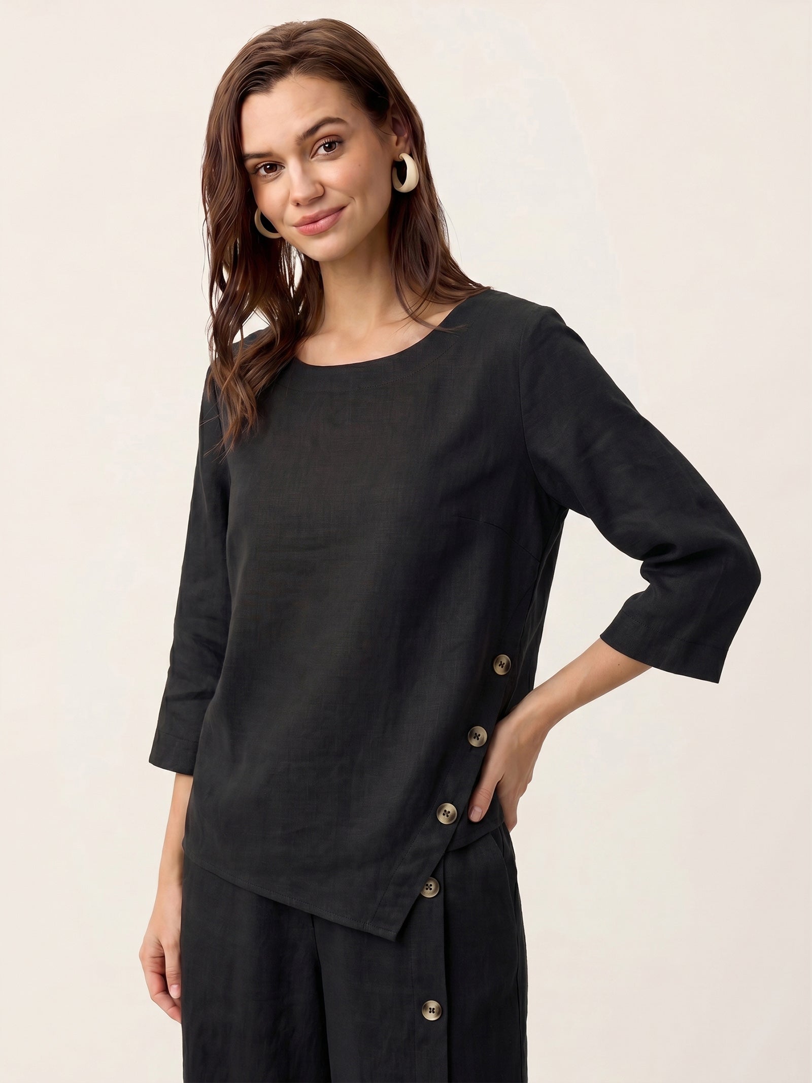 100% Linen Asymmetric-Hem Button-Trim Top NYLA DestGlow