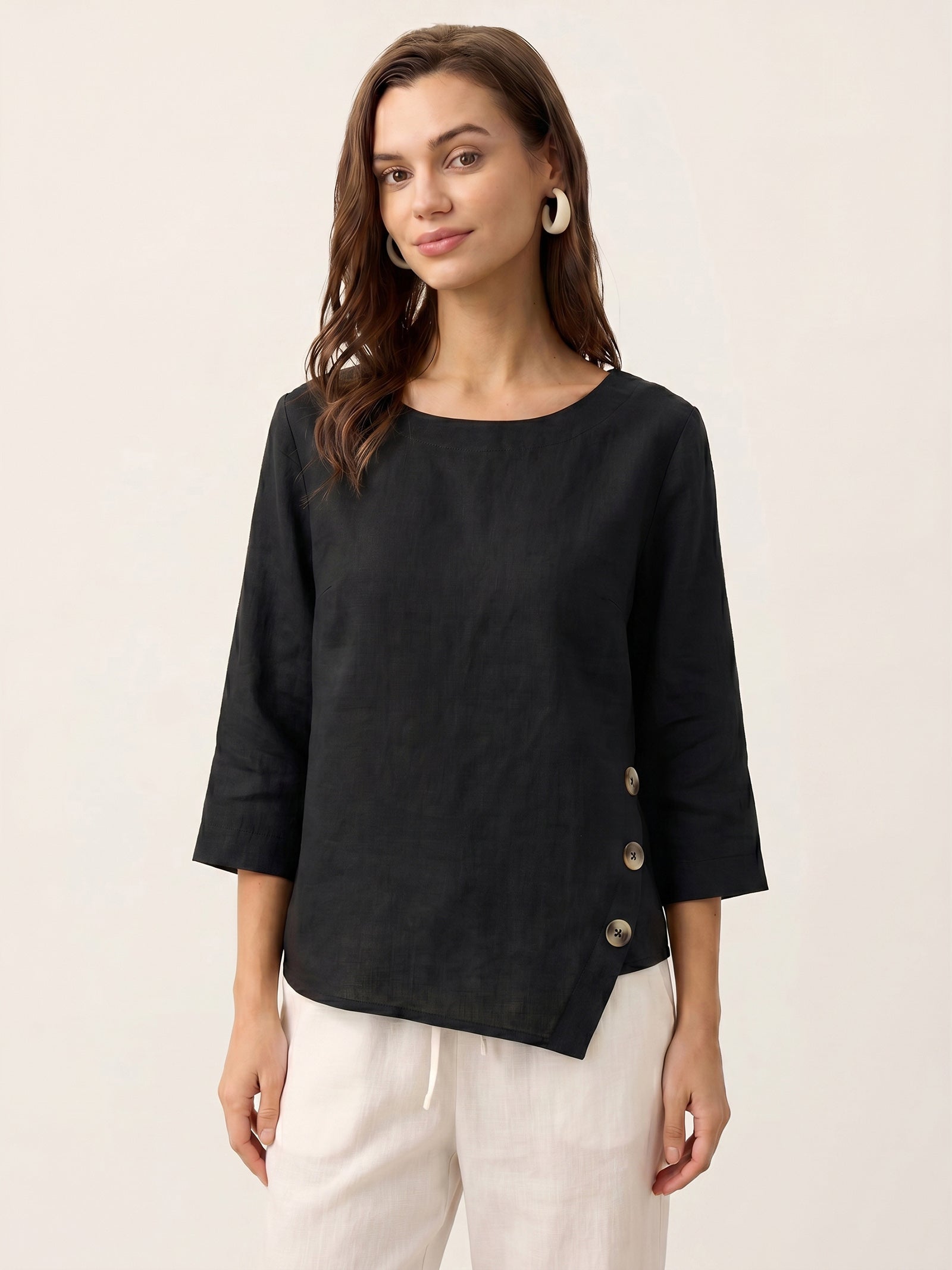 100% Linen Asymmetric-Hem Button-Trim Top NYLA DestGlow