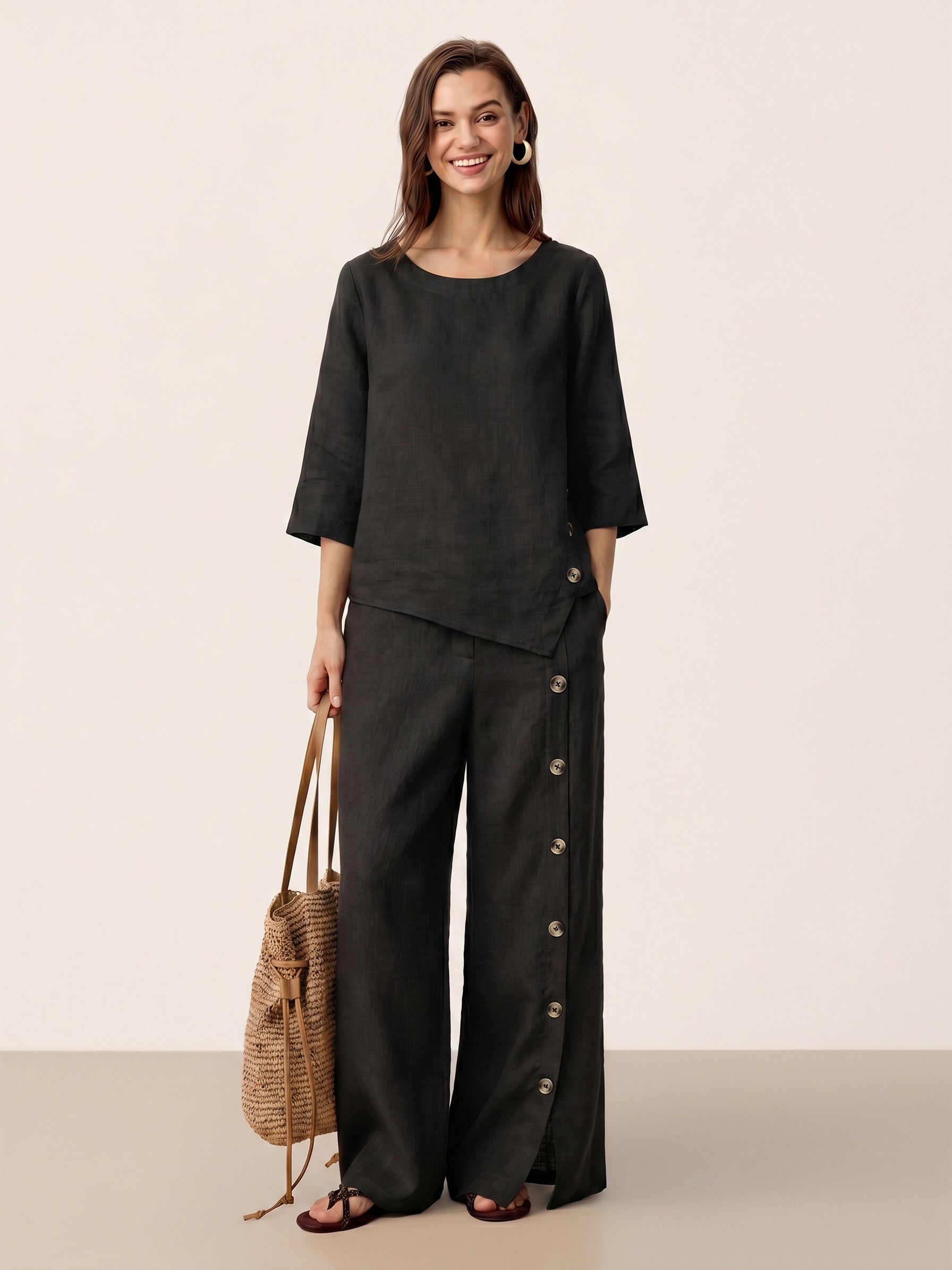 100% Linen Asymmetric-Hem Button-Trim Top NYLA DestGlow