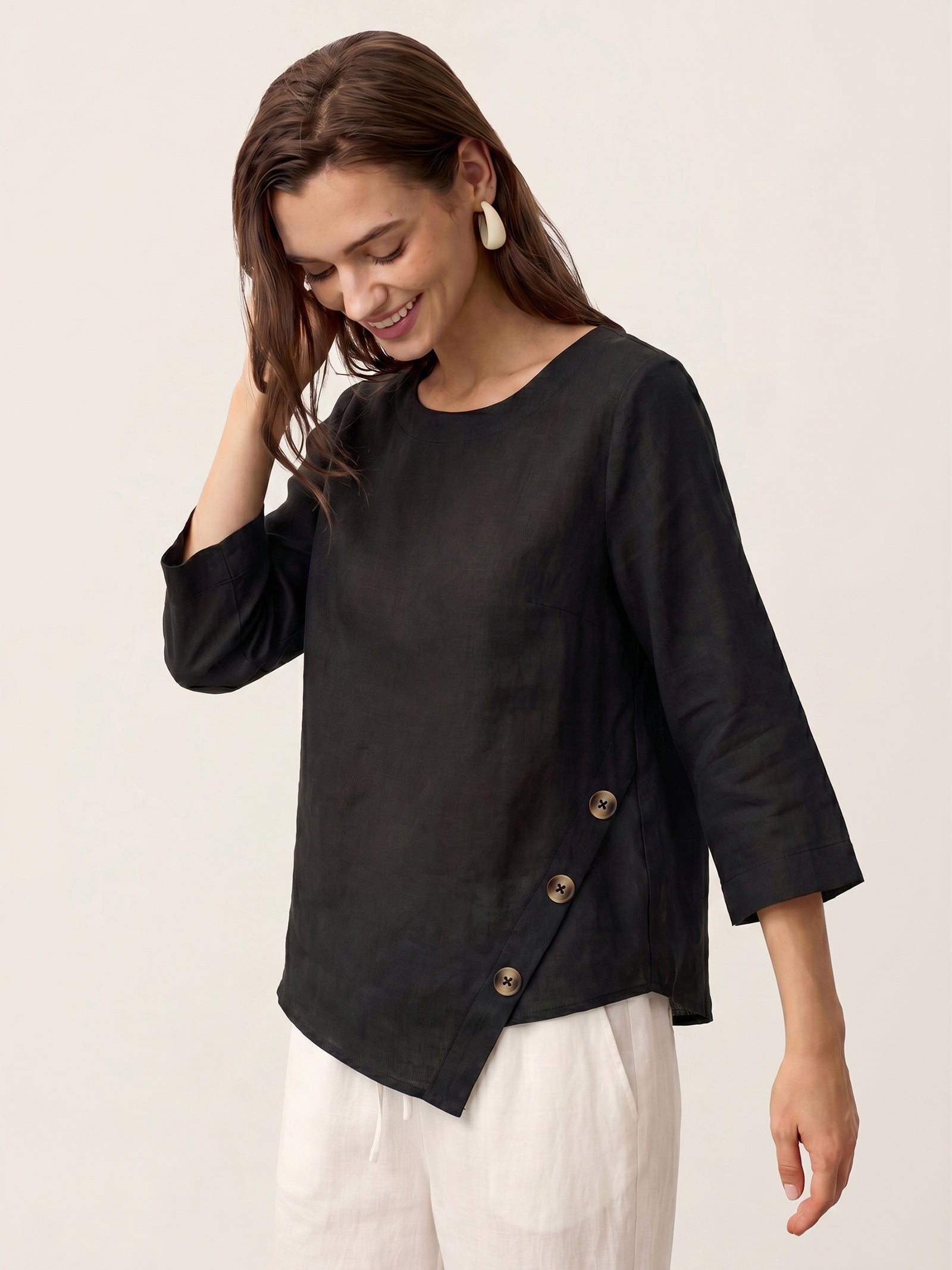 100% Linen Asymmetric-Hem Button-Trim Top NYLA DestGlow