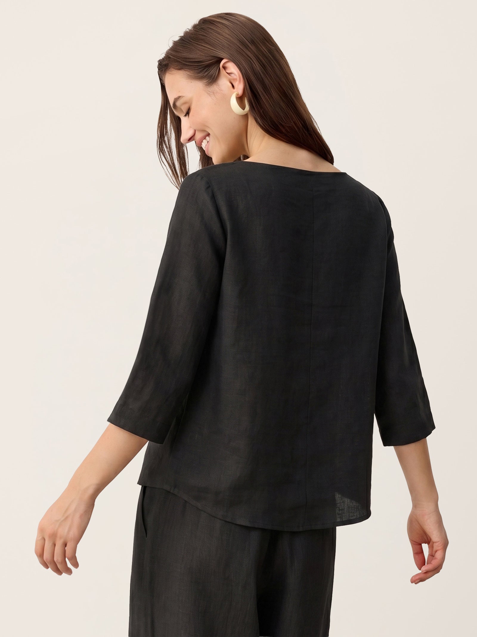 100% Linen Asymmetric-Hem Button-Trim Top NYLA DestGlow
