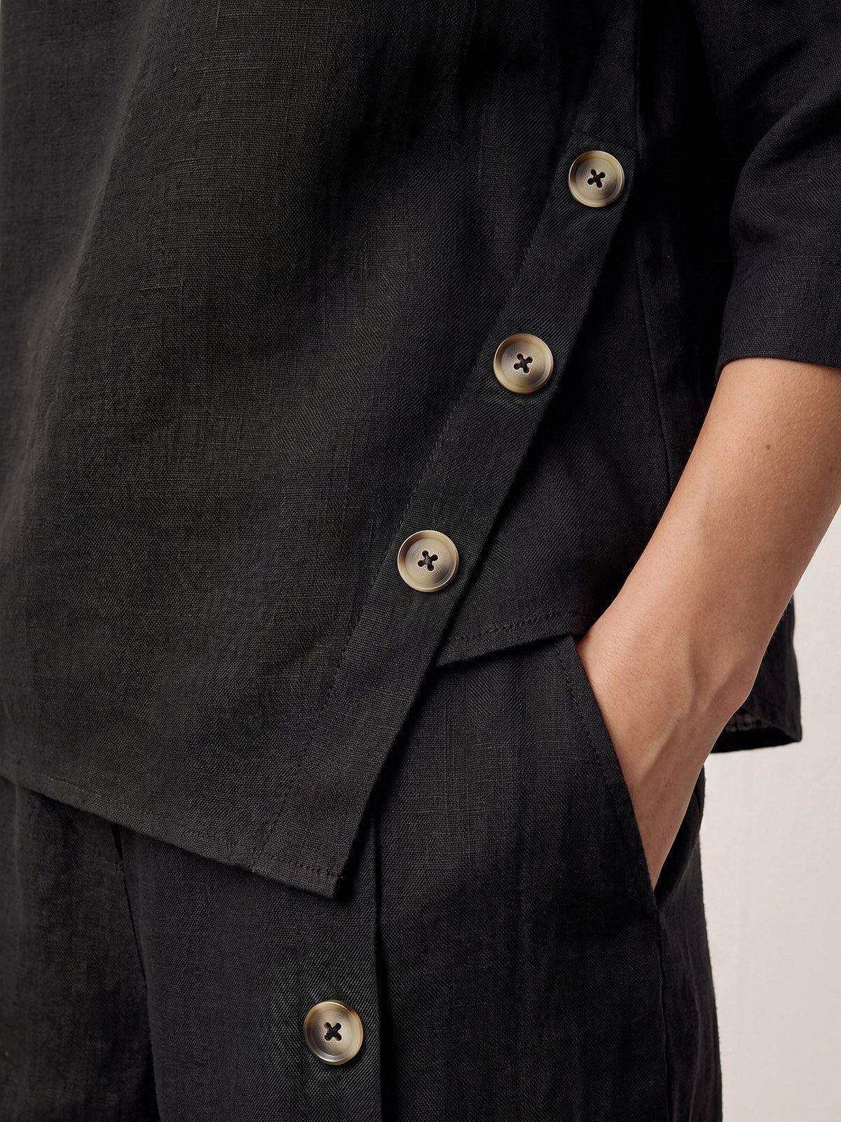 100% Linen Asymmetric-Hem Button-Trim Top NYLA DestGlow