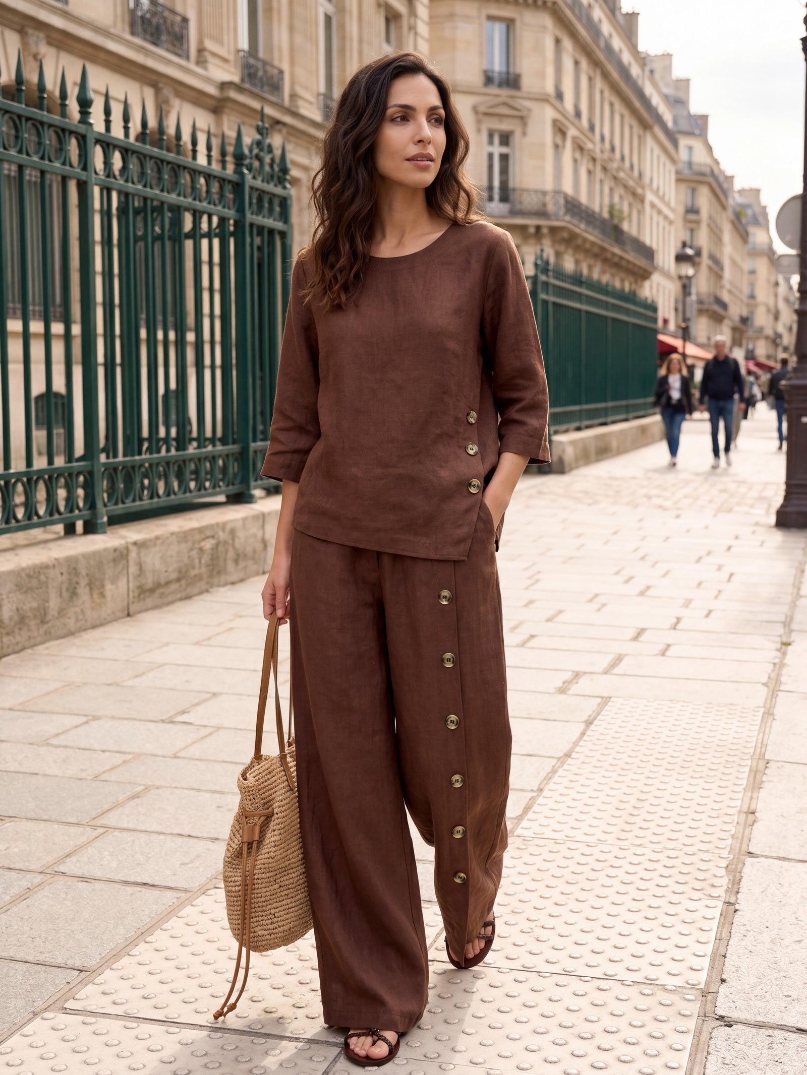 100% Linen Asymmetric-Hem Button-Trim Top NYLA DestGlow