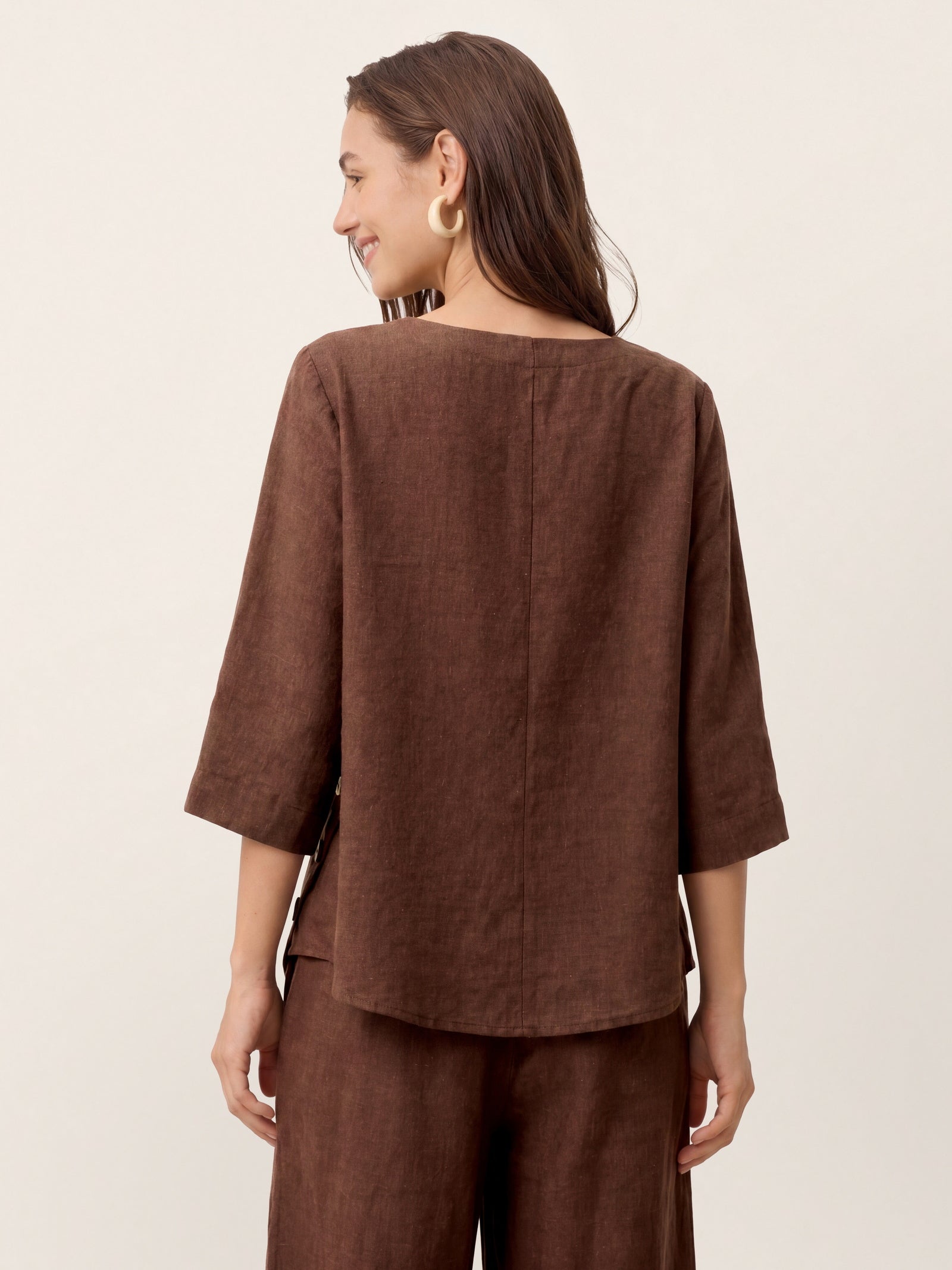 100% Linen Asymmetric-Hem Button-Trim Top NYLA DestGlow