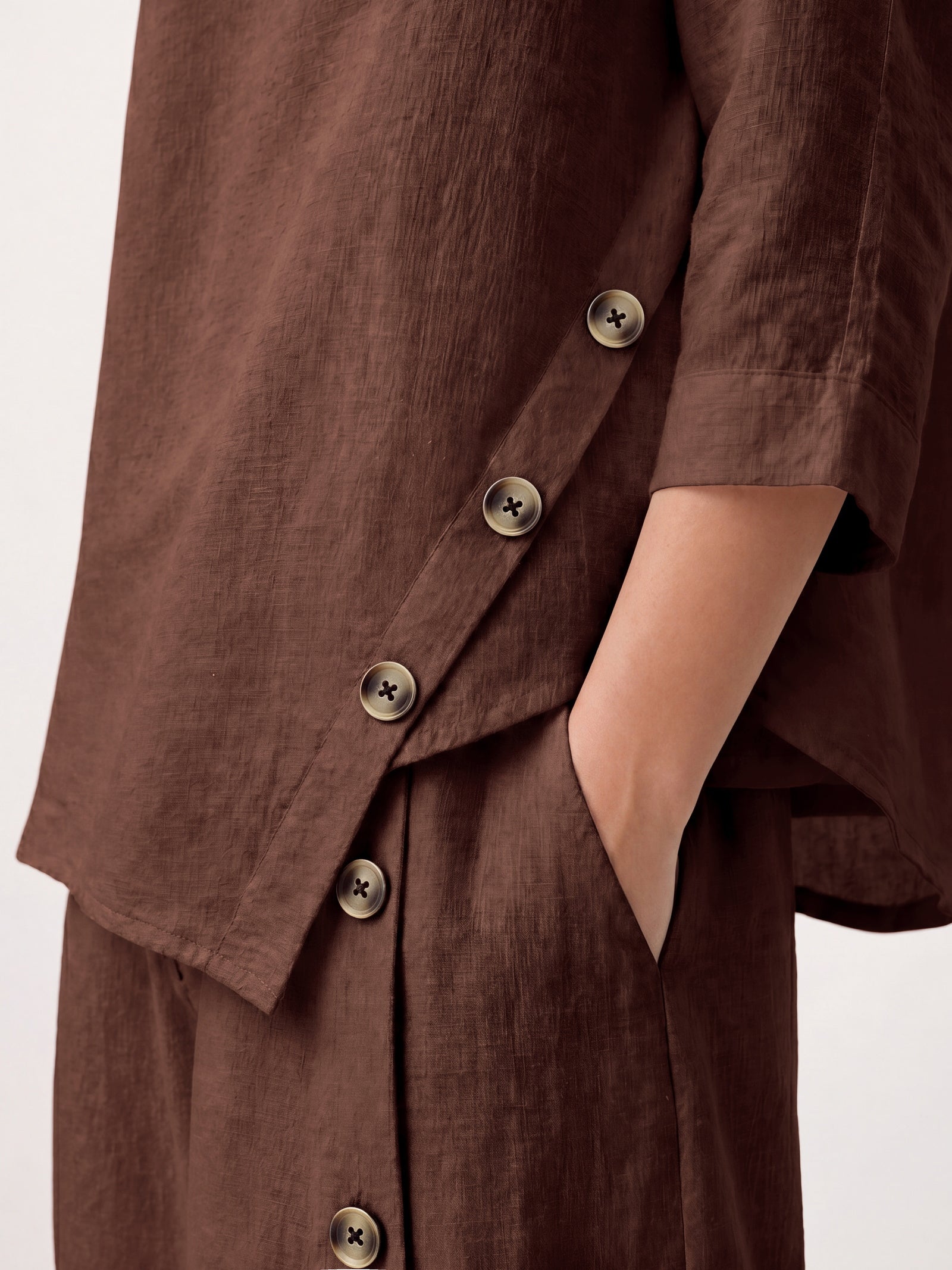 100% Linen Asymmetric-Hem Button-Trim Top NYLA DestGlow