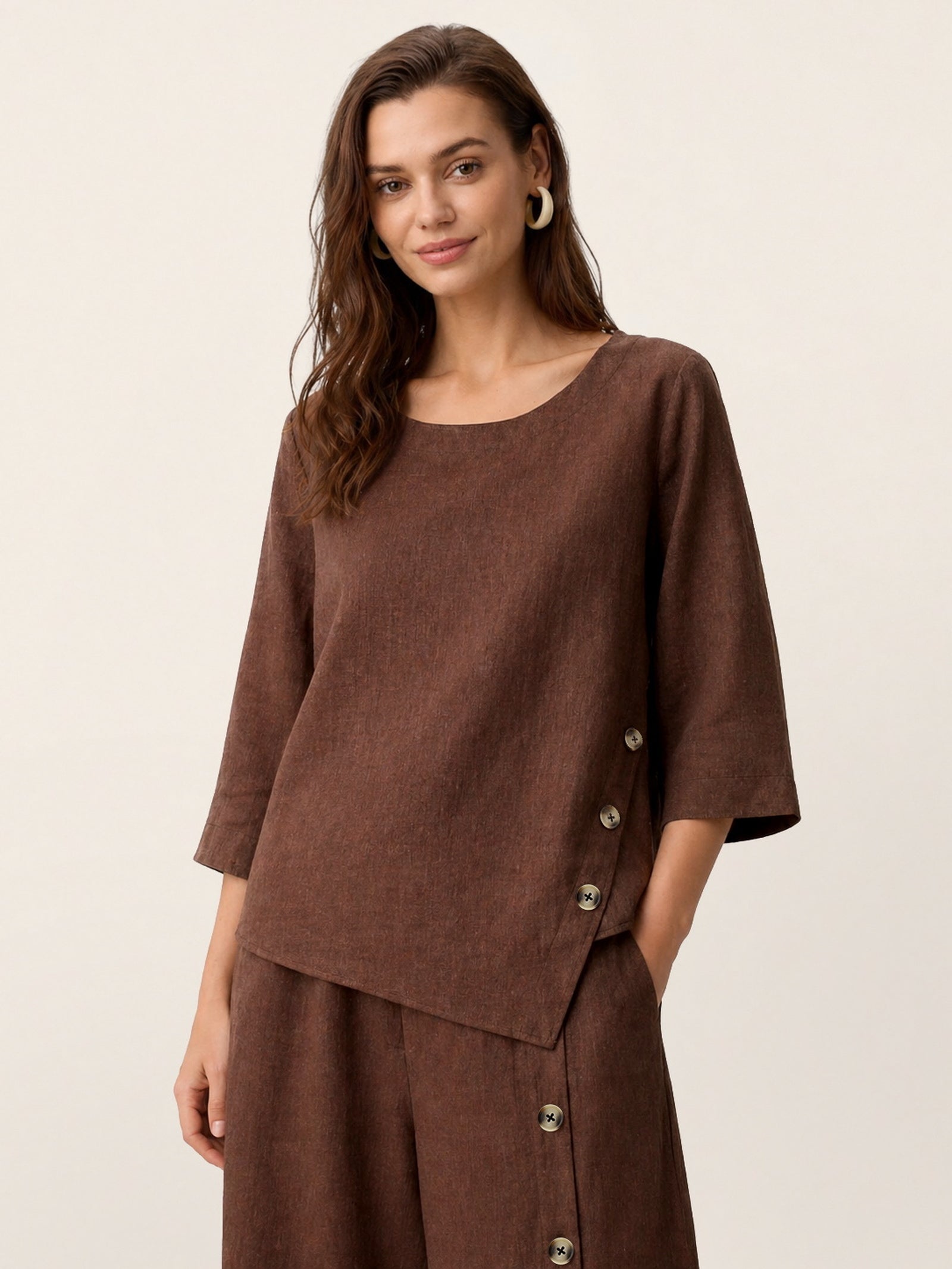 100% Linen Asymmetric-Hem Button-Trim Top NYLA DestGlow