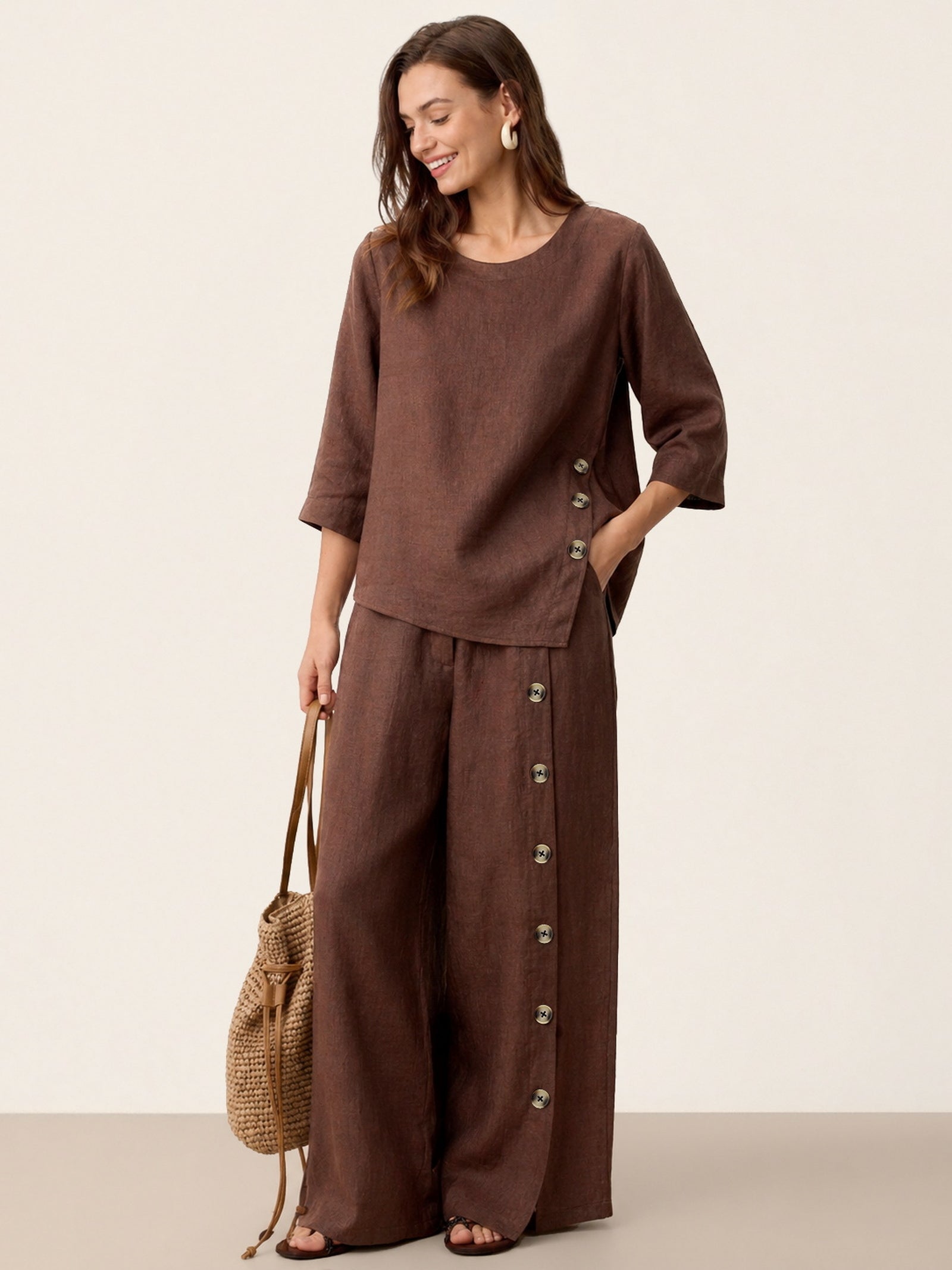 100% Linen Asymmetric-Hem Button-Trim Top NYLA DestGlow
