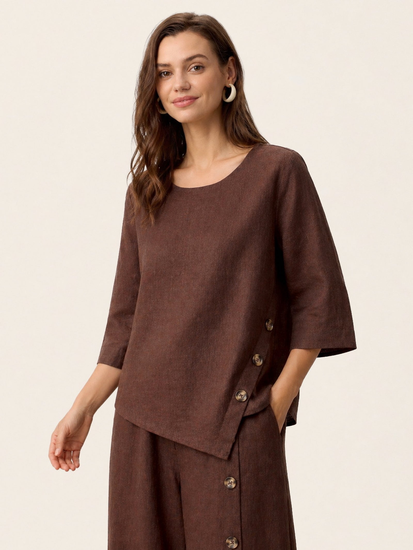 100% Linen Asymmetric-Hem Button-Trim Top NYLA DestGlow