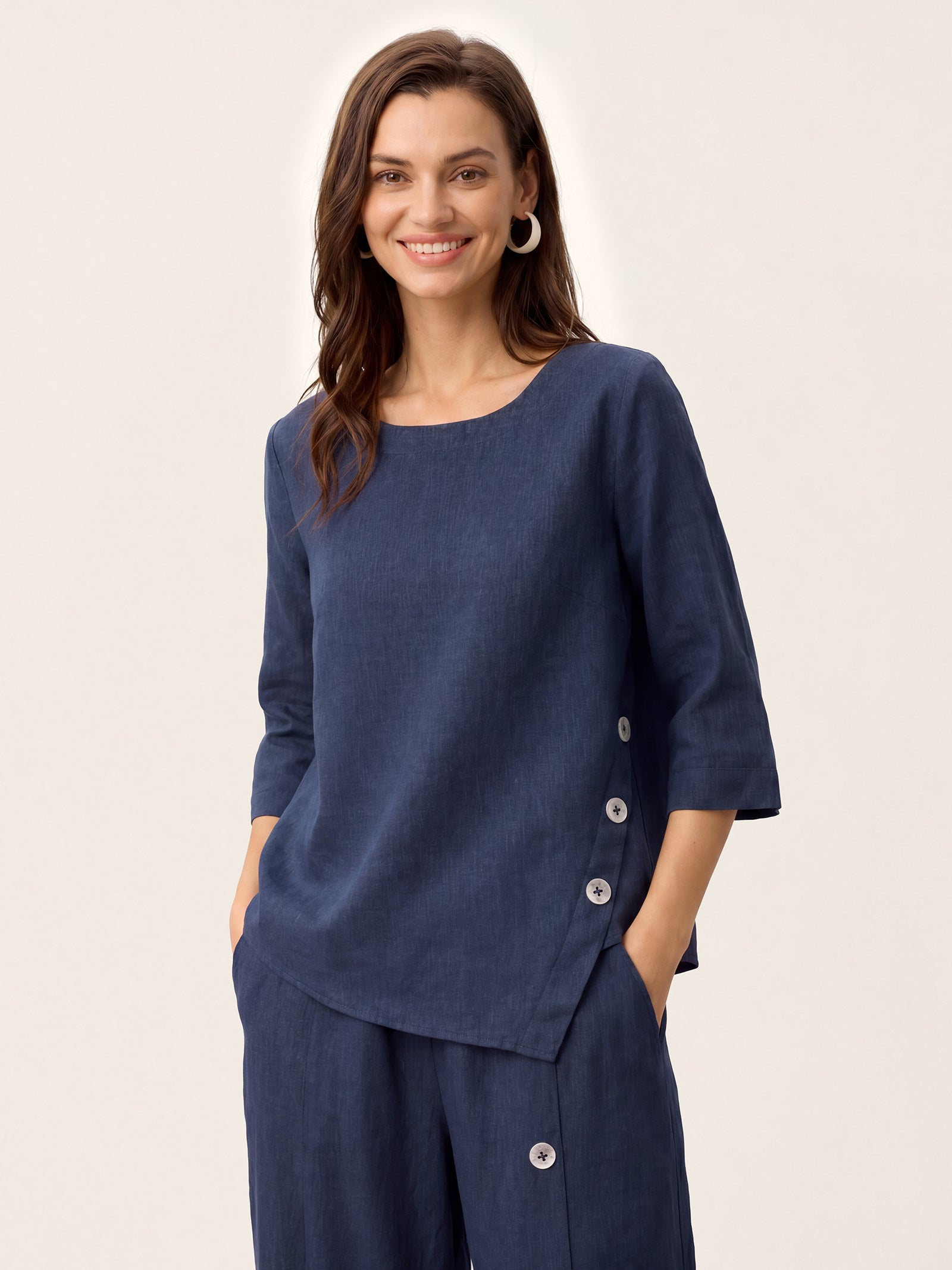 100% Linen Asymmetric-Hem Button-Trim Top NYLA DestGlow