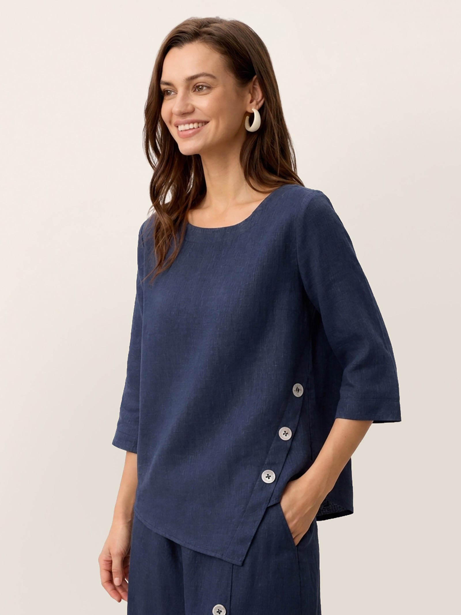 100% Linen Asymmetric-Hem Button-Trim Top NYLA DestGlow