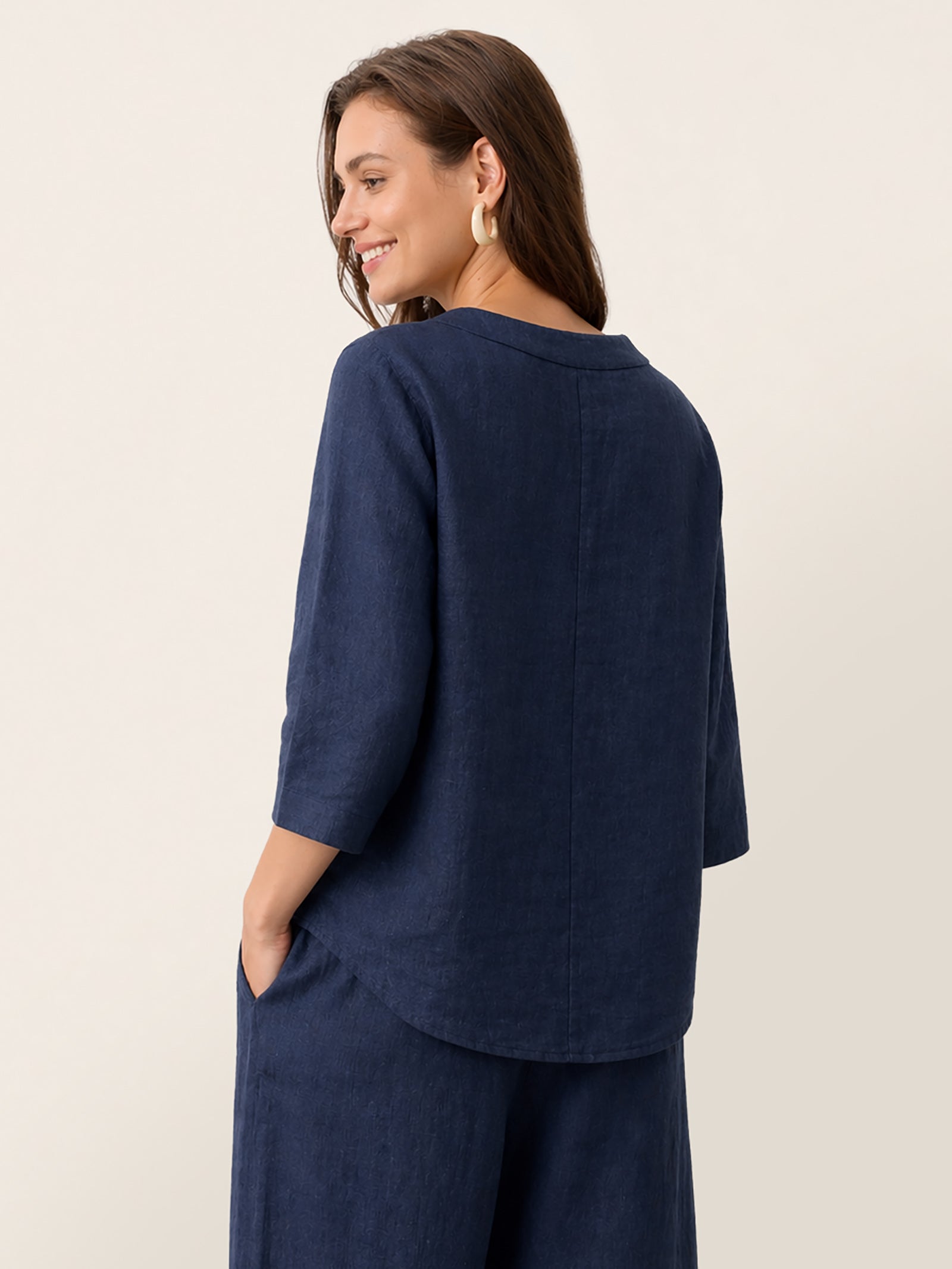 100% Linen Asymmetric-Hem Button-Trim Top NYLA DestGlow