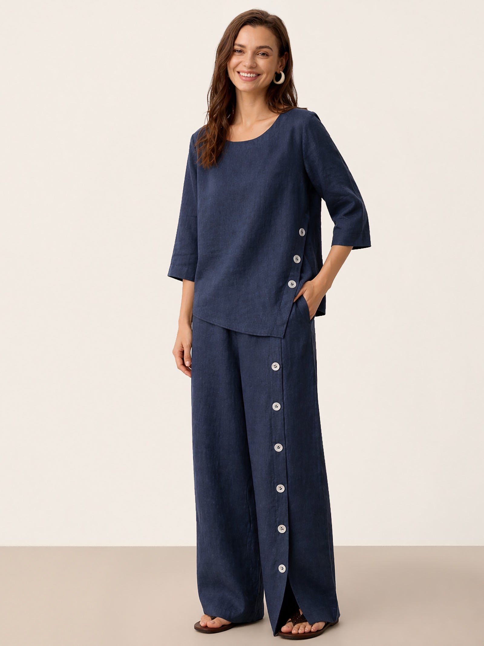 100% Linen Asymmetric-Hem Button-Trim Top NYLA DestGlow