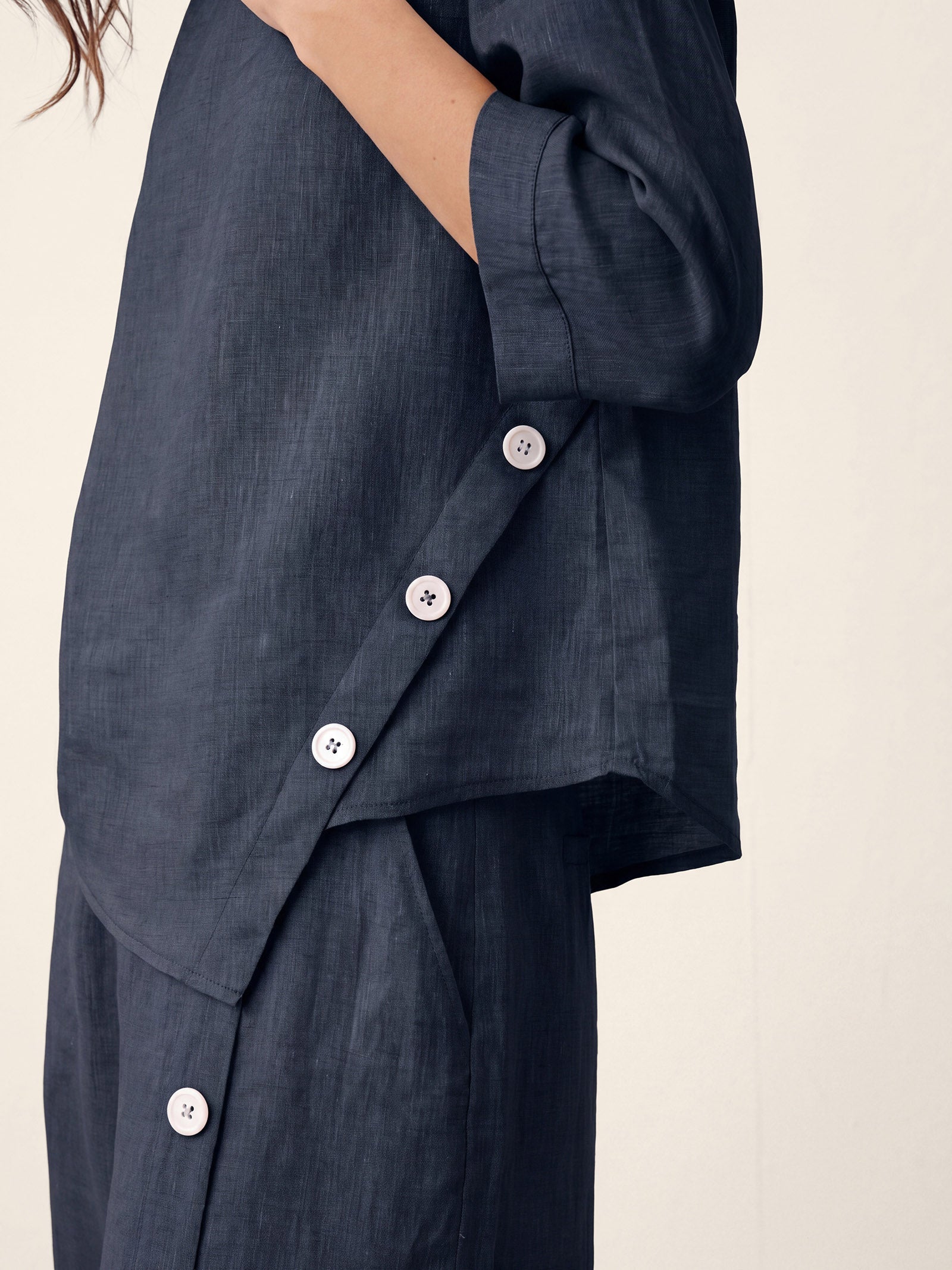 100% Linen Asymmetric-Hem Button-Trim Top NYLA DestGlow